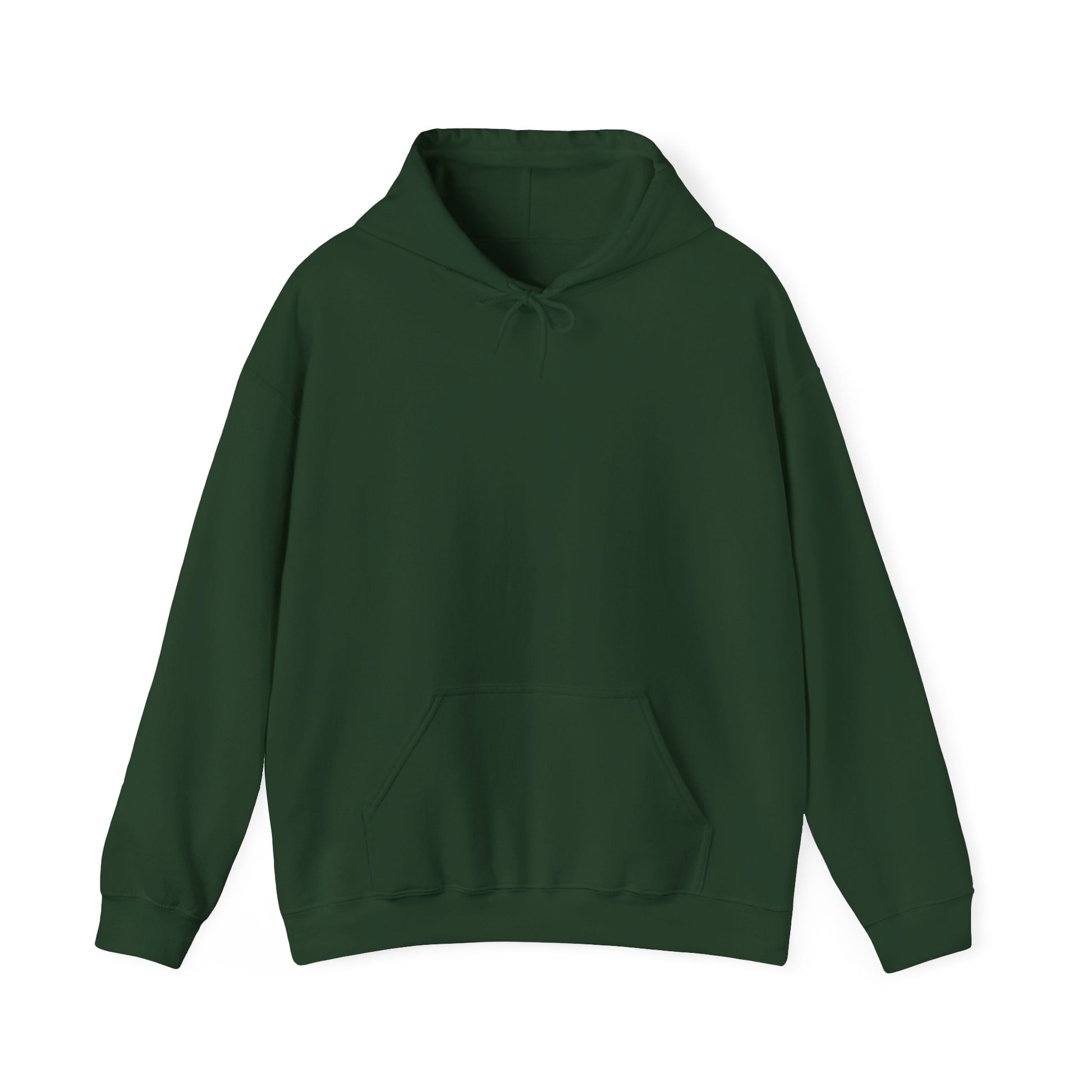 The Courage Is Contagious Hoodie by Printify is a dark green, mid-weight sweatshirt with a front pocket and drawstring hood, shown flat on a white background. Ethically made for comfort and style, supporting mental health awareness.
