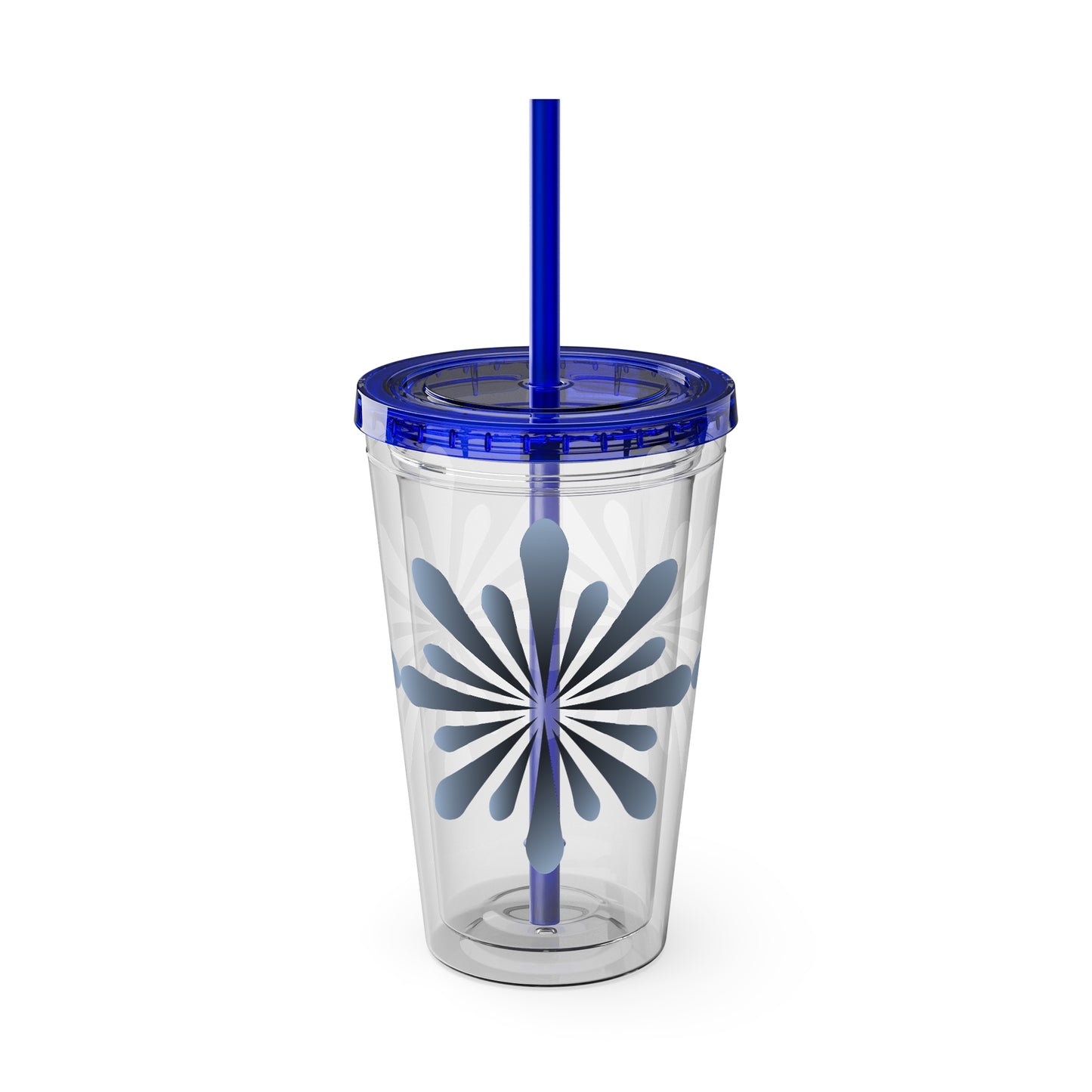 A Clear Printify acrylic cup with a Blue Star-burst Tumbler; 16 oz.; With Straw & Lid; featuring crack-resistant properties.