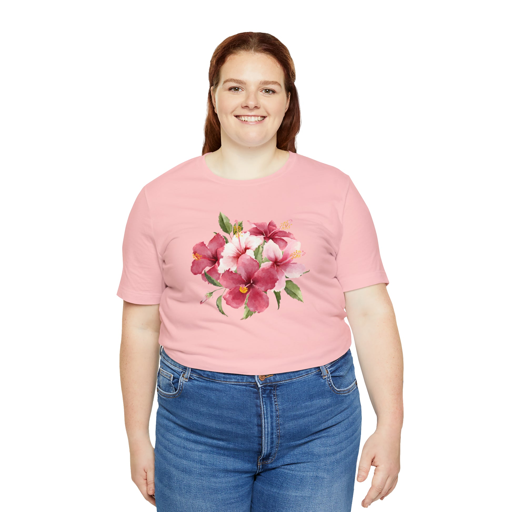 Mock up of a plus-size woman wearing the Pink shirt