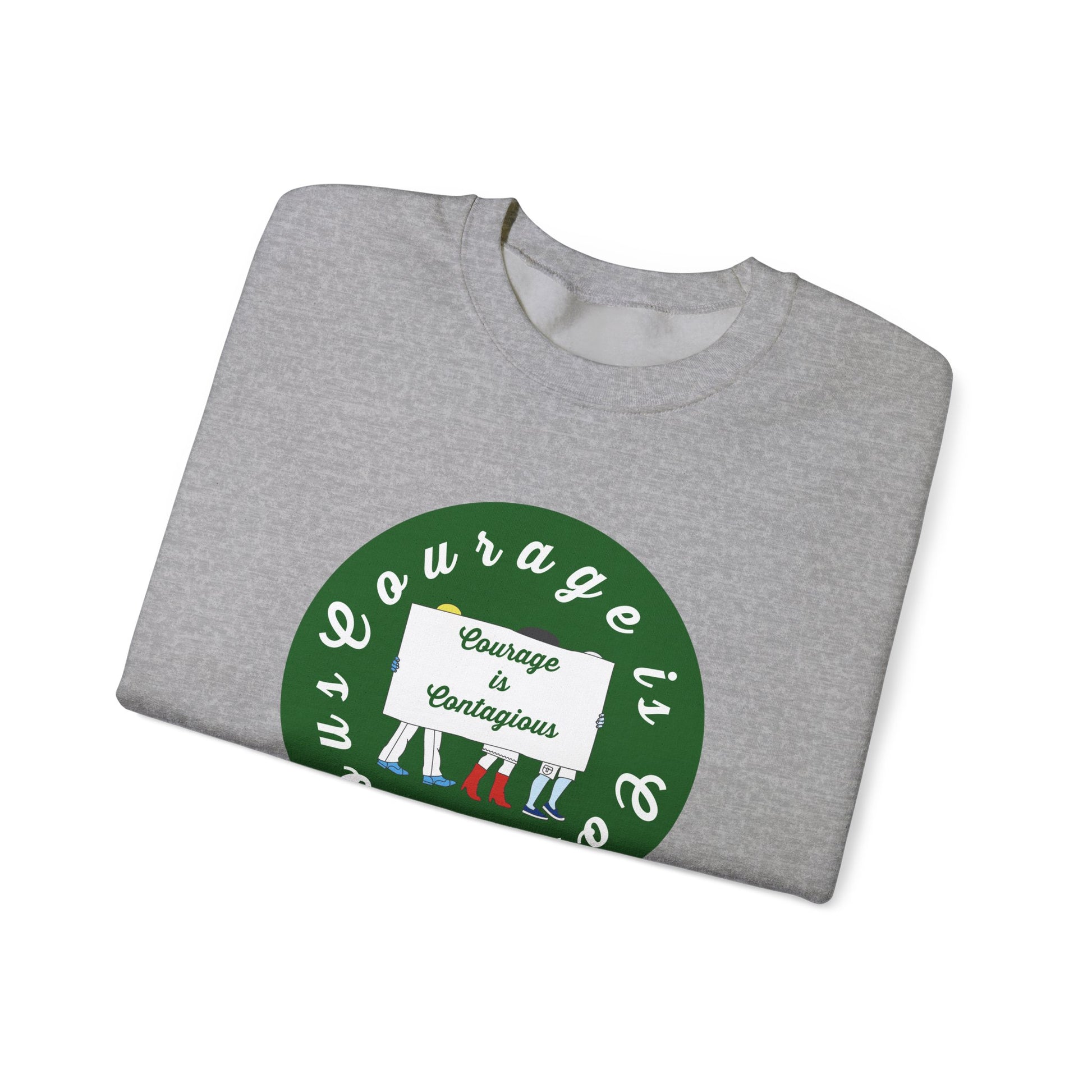 The Printify Unisex Crewneck Sweatshirt: Courage is Contagious | Protest features a folded gray design with a green circle and "Courage is Contagious" text—an inspirational piece for any wardrobe.