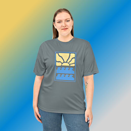 Mock up of a large blonde-haired woman wearing our grey shirt