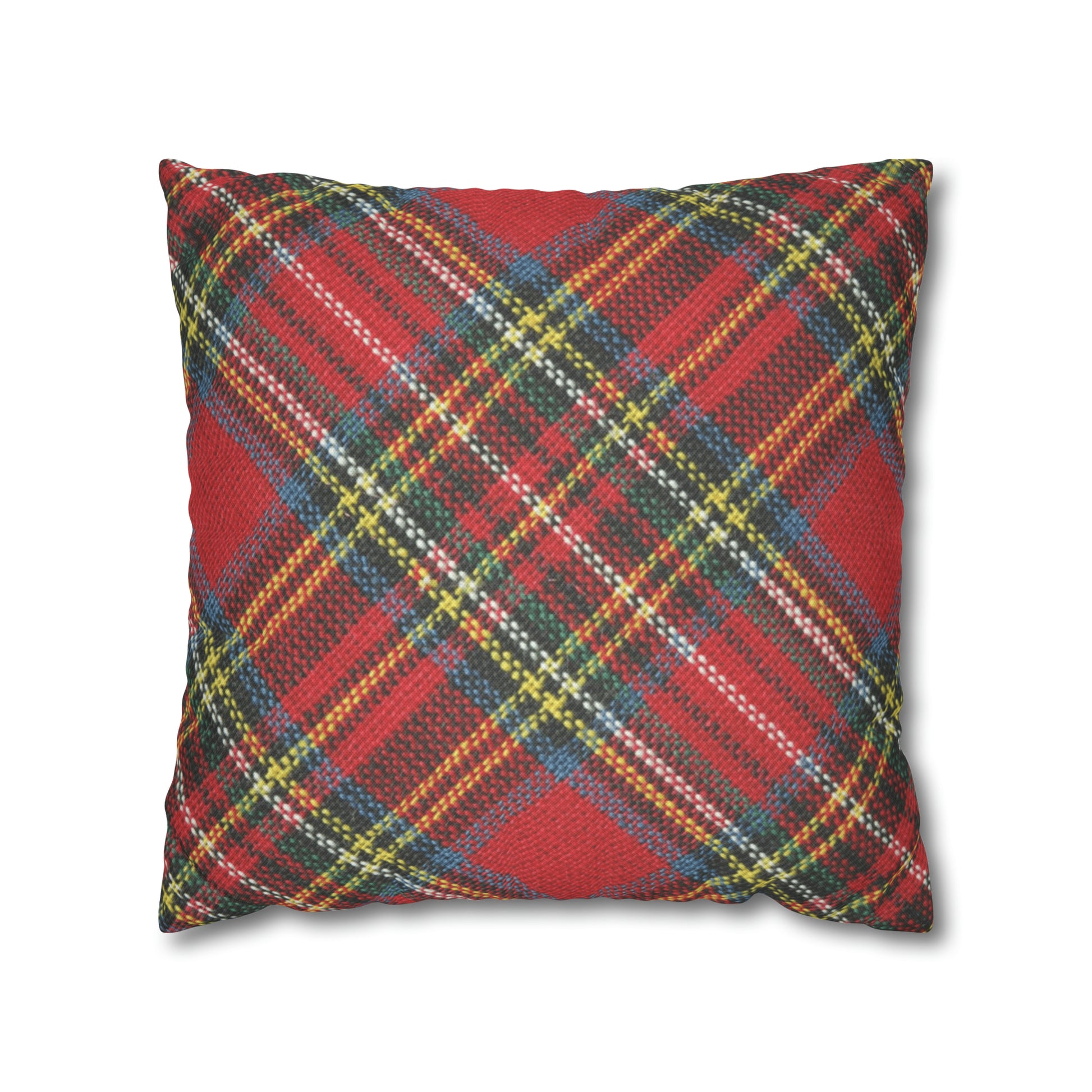 This Printify red-plaid pillow case, American made with an easy-care fabric, features a white background.