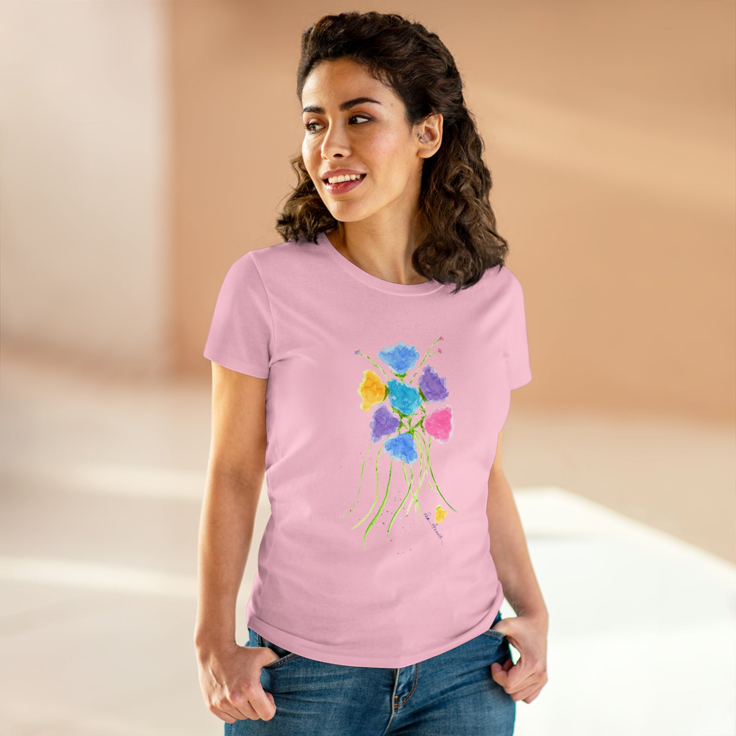 Mock up of the Light Pink shirt as worn by a dark-haired woman