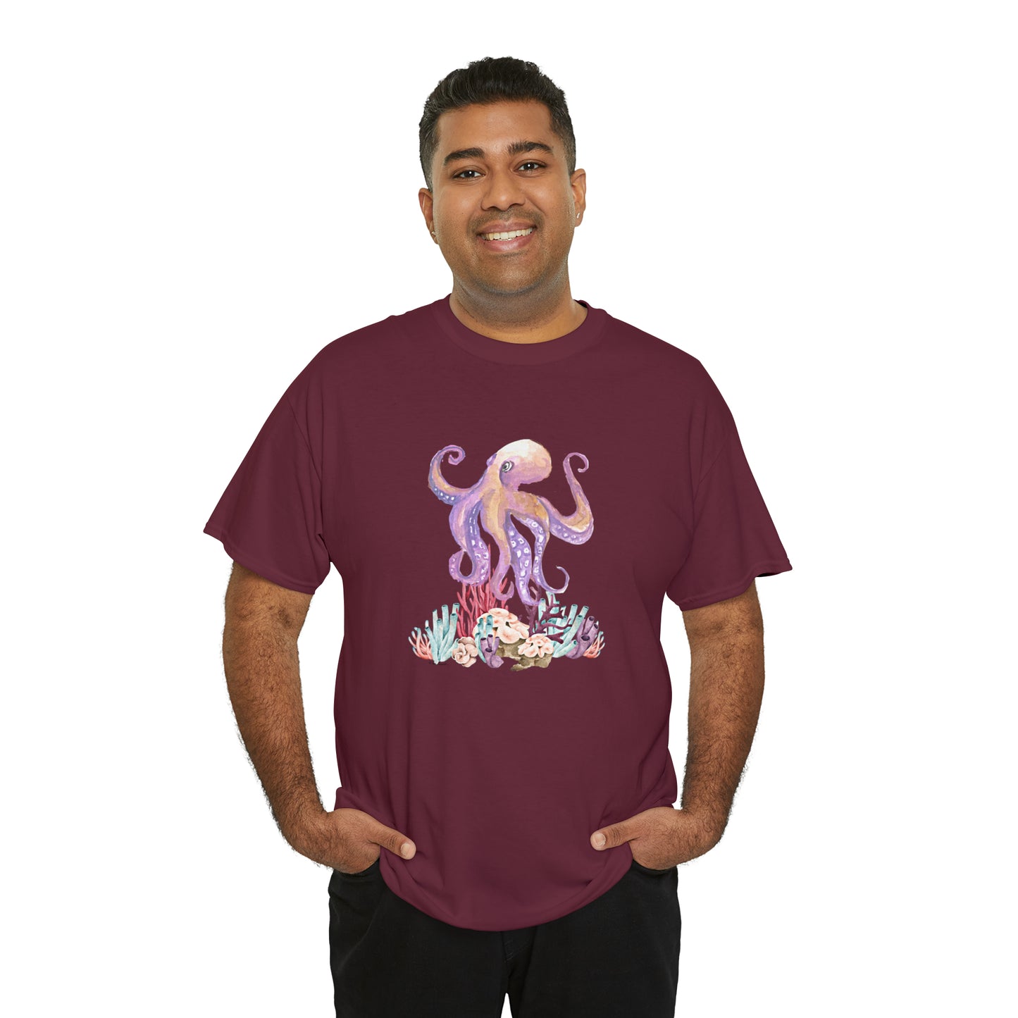 Mock up of a large man wearing the Maroon shirt