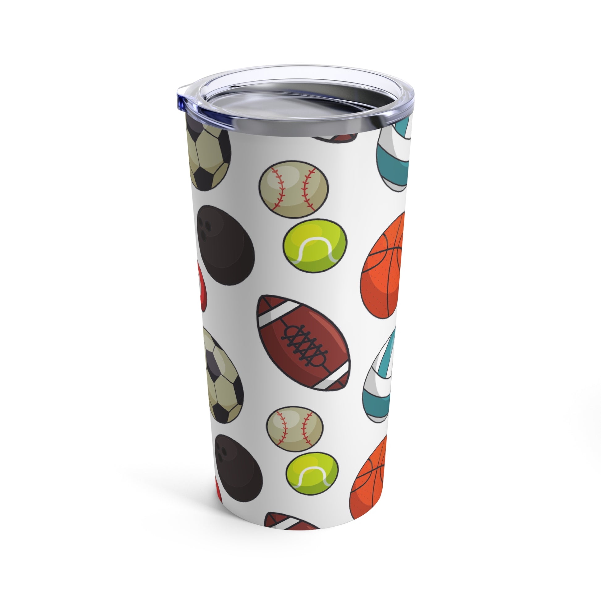 A white, dishwasher-safe Sport Balls Tumbler from Printify with a variety of sports balls on it.