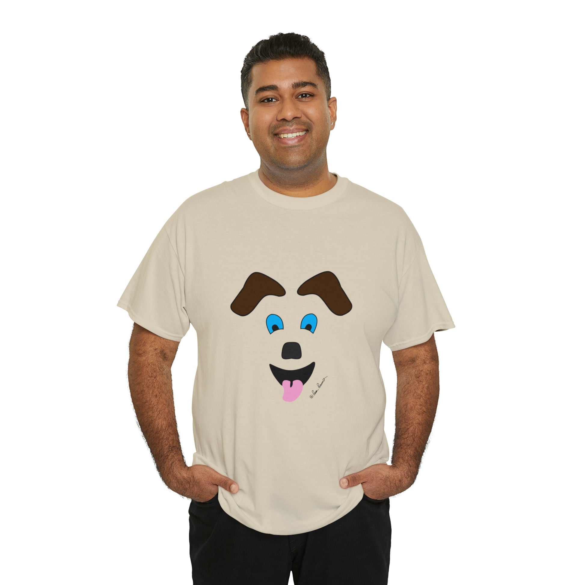 Mock up of a happy man wearing the Sand shirt