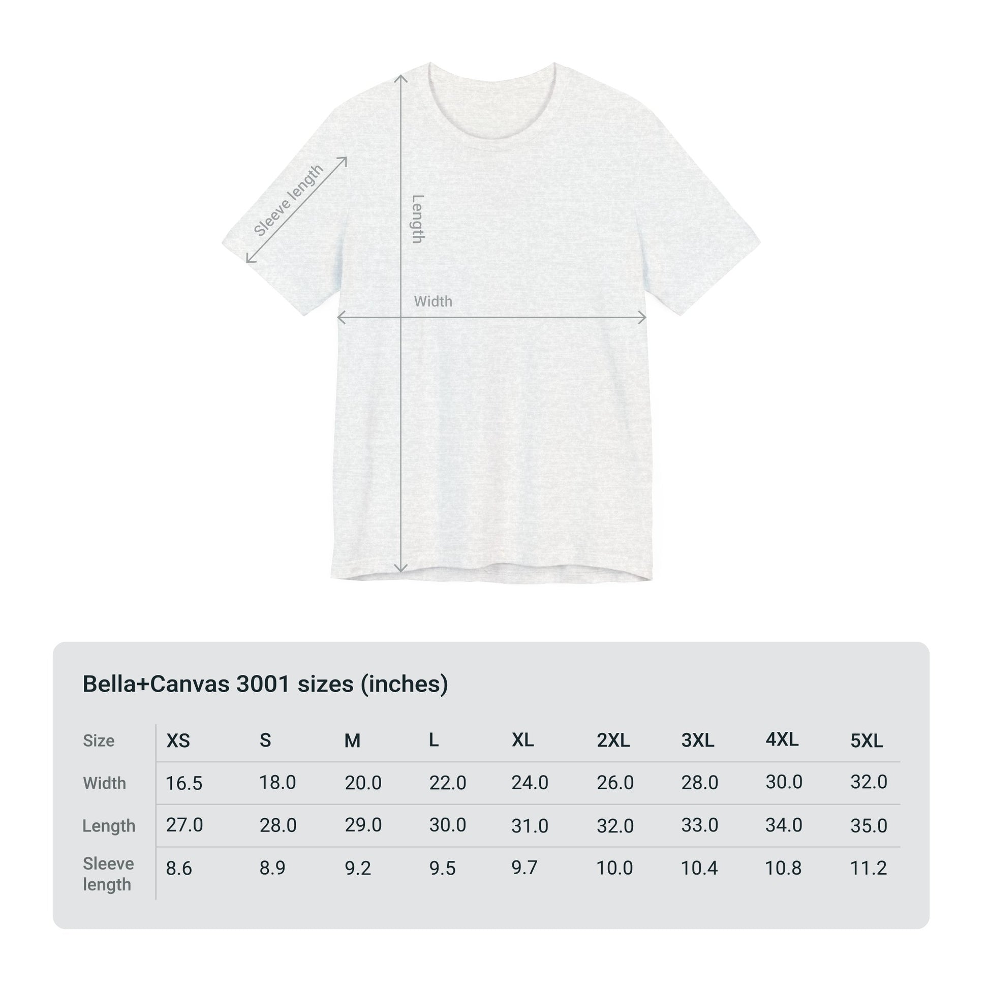 A table displaying size measurements for Printify's Bella + Canvas 3001 Voting Women's T-shirt in various sizes, next to an image of a gray t-shirt.