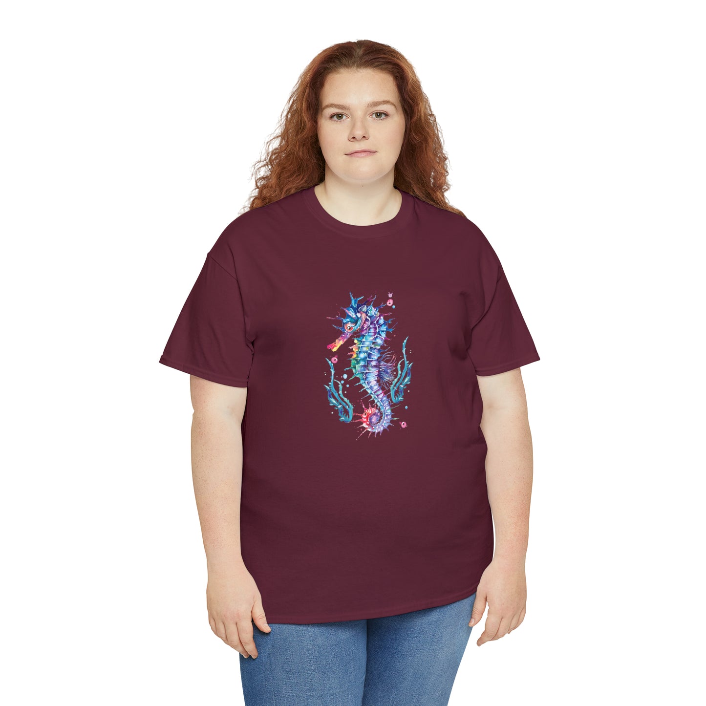 Mock up of a plus-size woman wearing the Maroon shirt