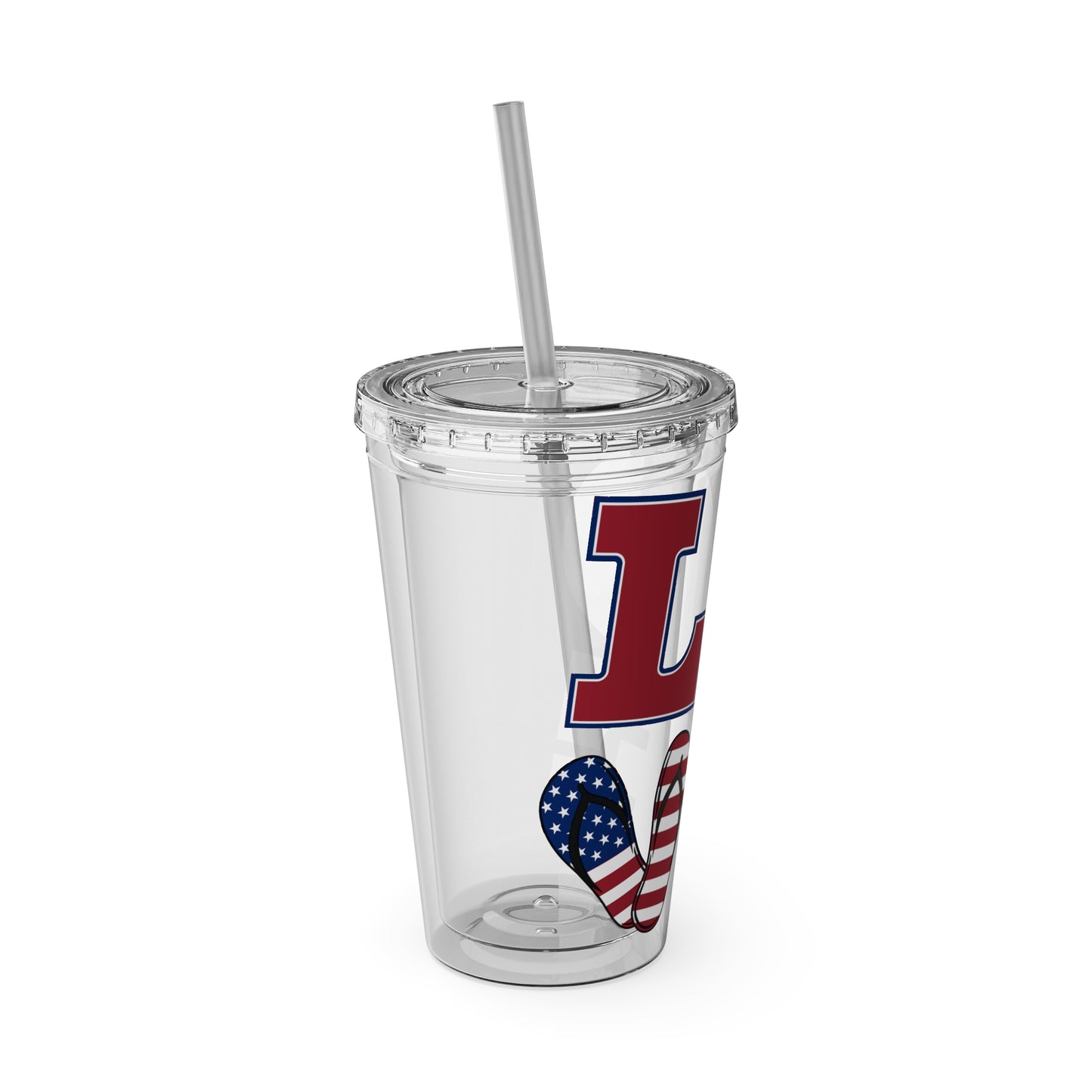 A Printify Love USA Tumbler with an American flag on it and a straw.