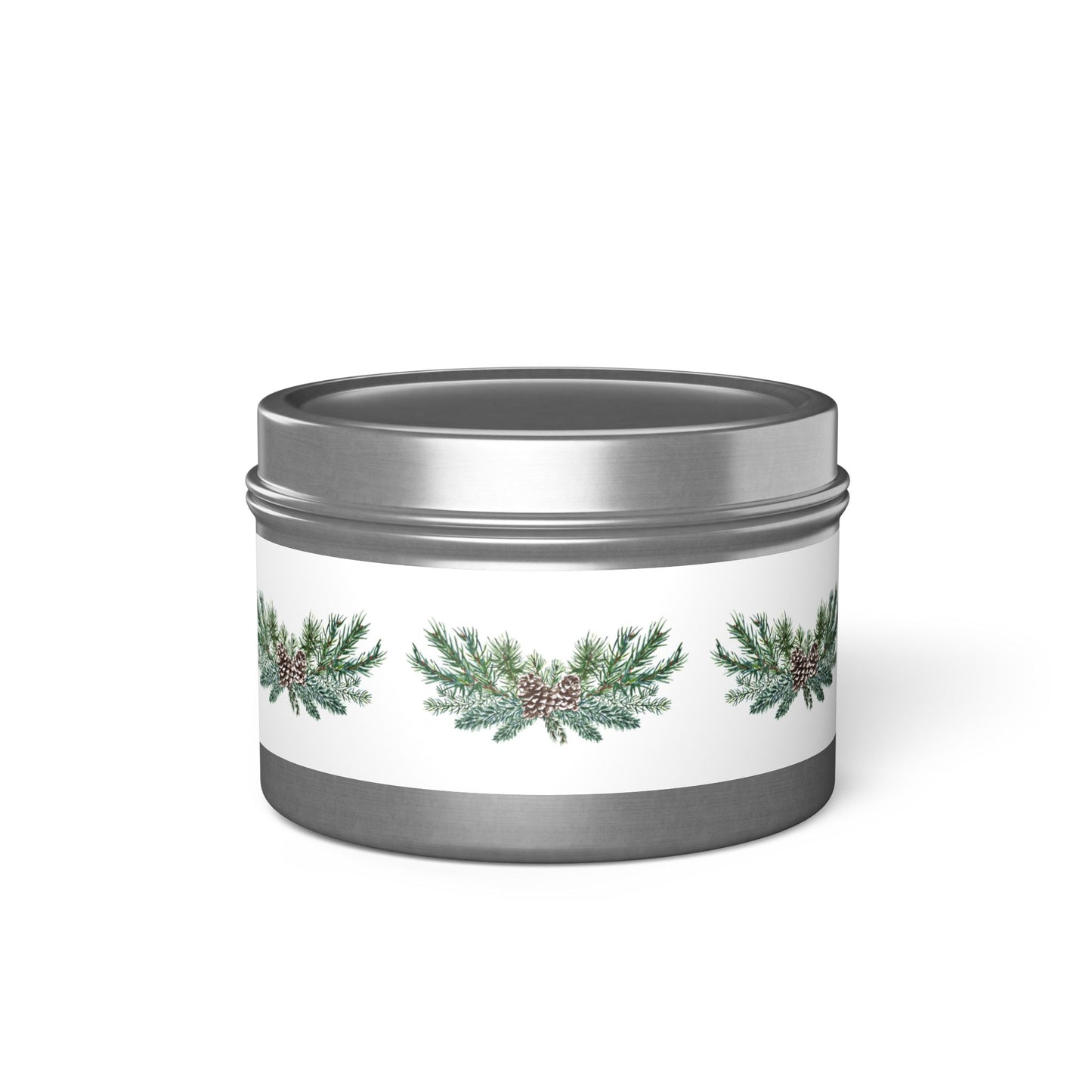 The Holiday-Inspired Pinecone Tin-Candles by Printify come in a 4 oz silver metal tin, featuring a festive pinecone and branch design on the label, and hold eco-friendly candles with an evergreen scent.