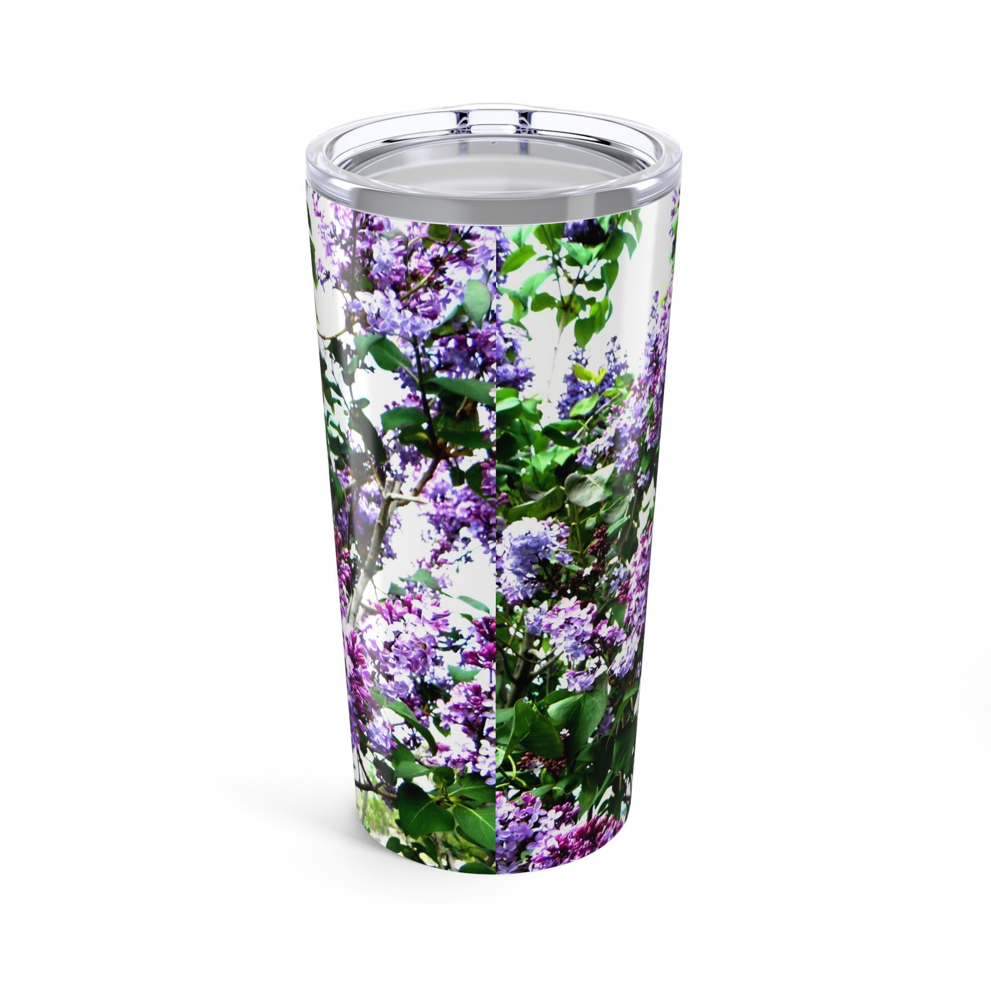 The Printify Purple Lilacs Tumbler is a 20 oz. stainless steel, insulated tumbler with a clear lid and features a vibrant purple and green lilac floral print.