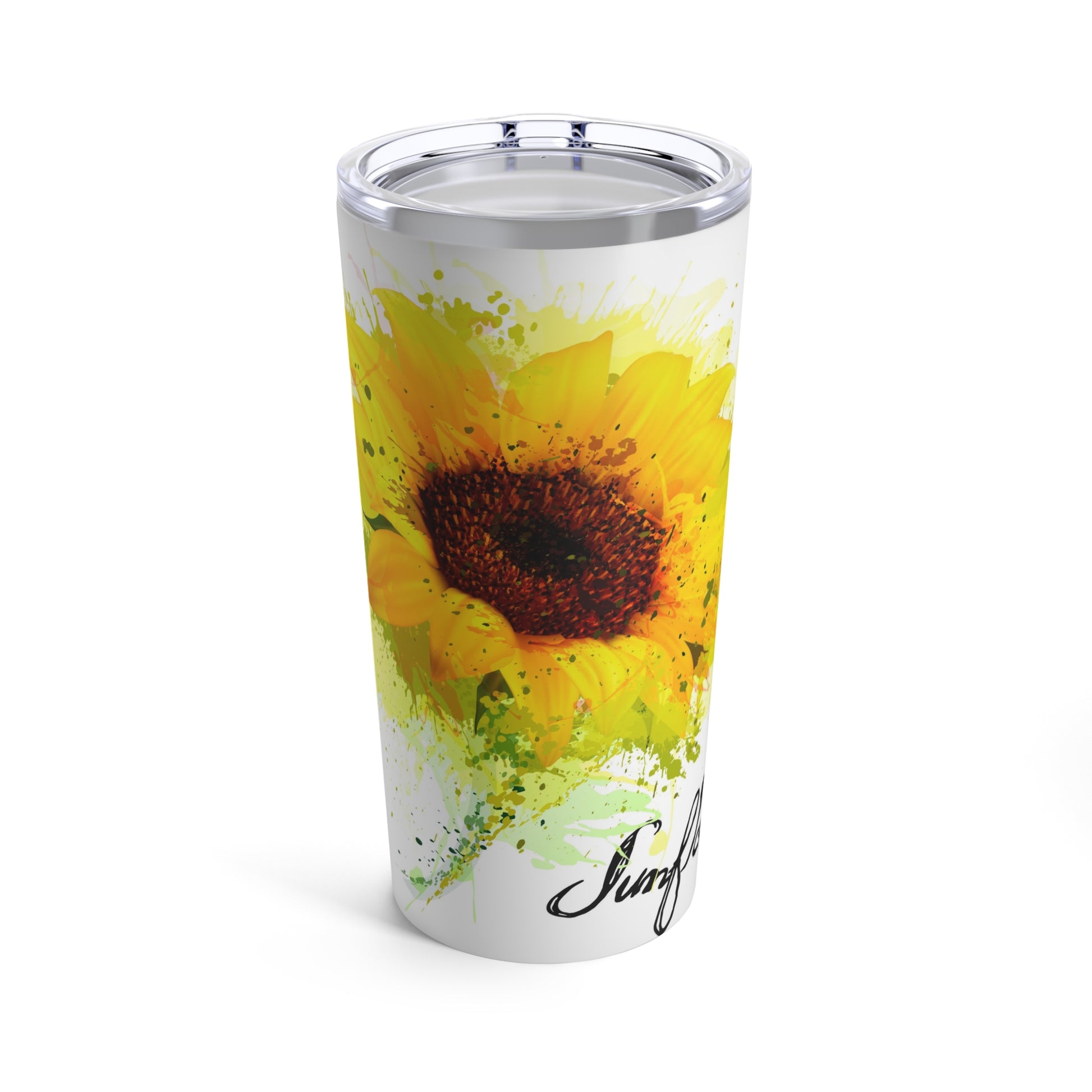 A Printify Watercolor Sunflower Tumbler: 20 oz.; Stainless Steel that is dishwasher-safe.