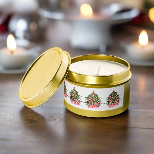 A lit Festive Christmas Tin-Candle from Printify, crafted from an eco-friendly coconut soy wax blend and housed in a decorated tin vessel with an Evergreen scent, rests on a wooden table. Blurred candles flicker softly in the background, creating a cozy holiday ambiance.