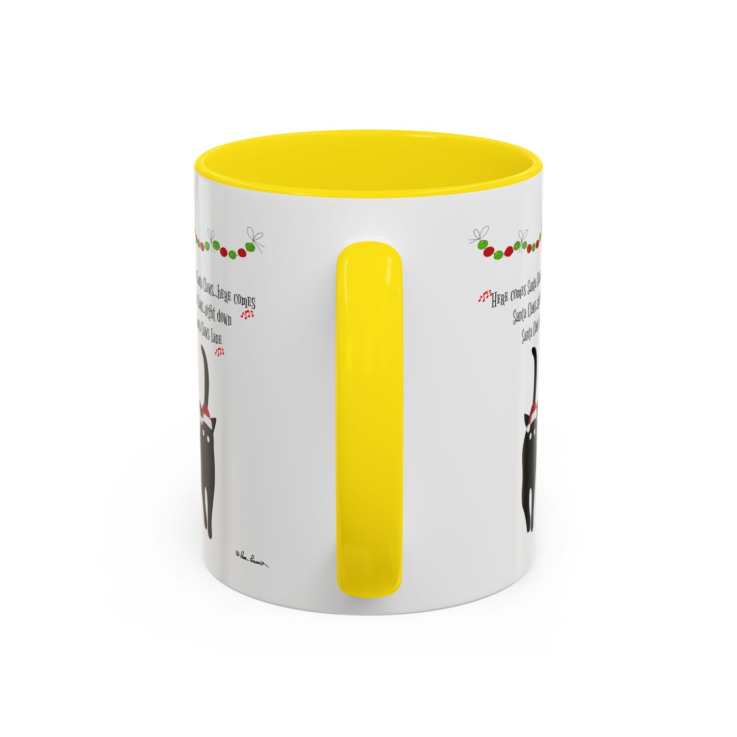 The Festive-Cat Accent Coffee Mug by Printify is a white ceramic mug with a yellow handle and interior, decorated with festive cat illustrations and red and green ornaments—a perfect holiday gift for cat lovers.