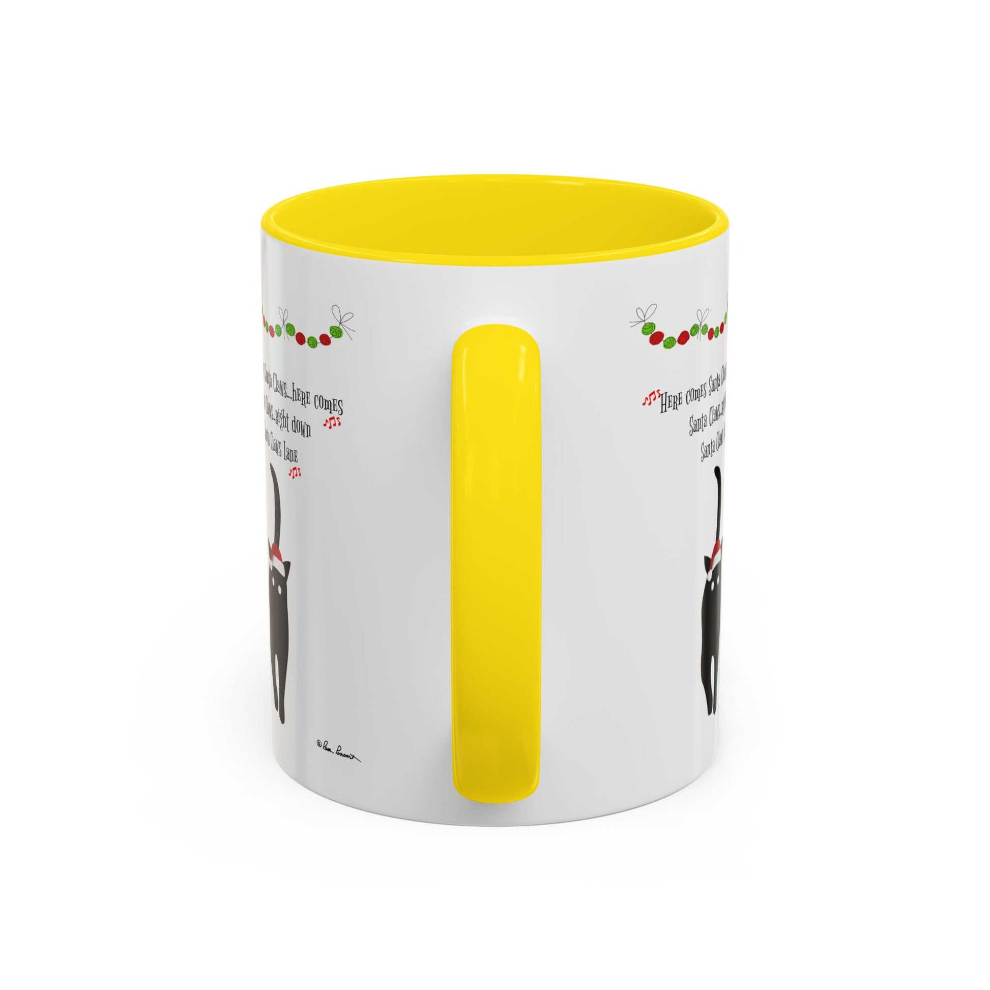 The Festive-Cat Accent Coffee Mug by Printify is a white ceramic mug with a yellow handle and interior, decorated with festive cat illustrations and red and green ornaments—a perfect holiday gift for cat lovers.