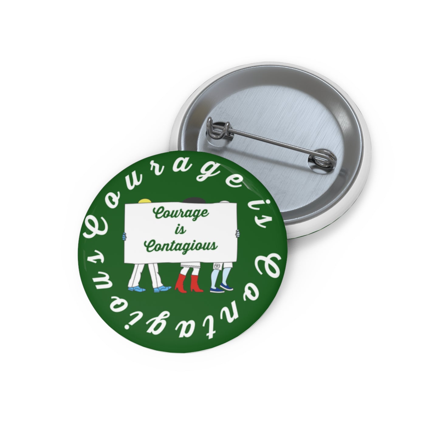Button badge with 'Courage is Contagious' text and cartoon characters on a green background