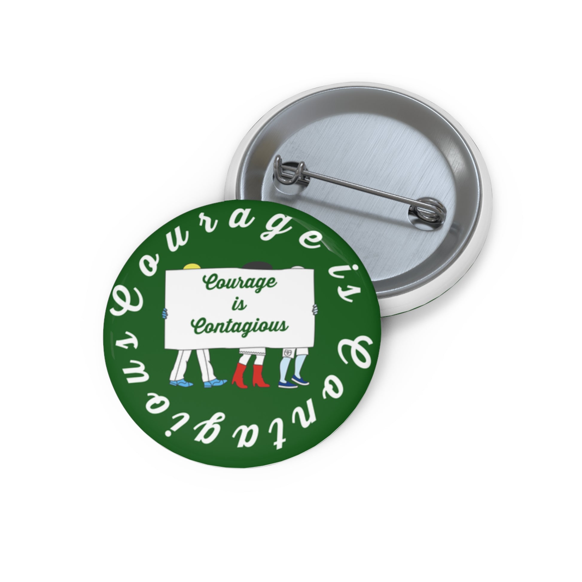 Button badge with 'Courage is Contagious' text and cartoon characters on a green background