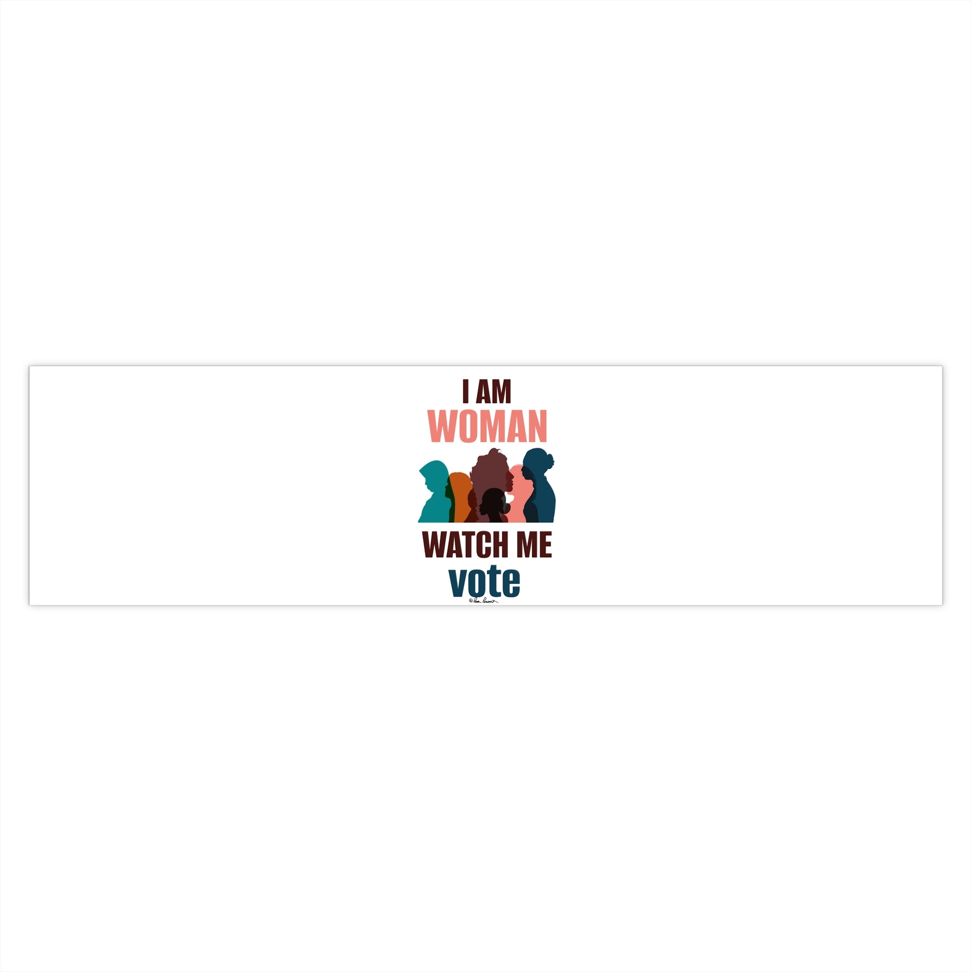 Printify's Voting Women's Bumper Stickers: Unisex; 3 sizes; Vinyl that reads "I am woman watch me vote" with silhouette of a woman in the center, styled in patriotic colors. Made from premium water-resistant vinyl, suitable for indoor and outdoor use
