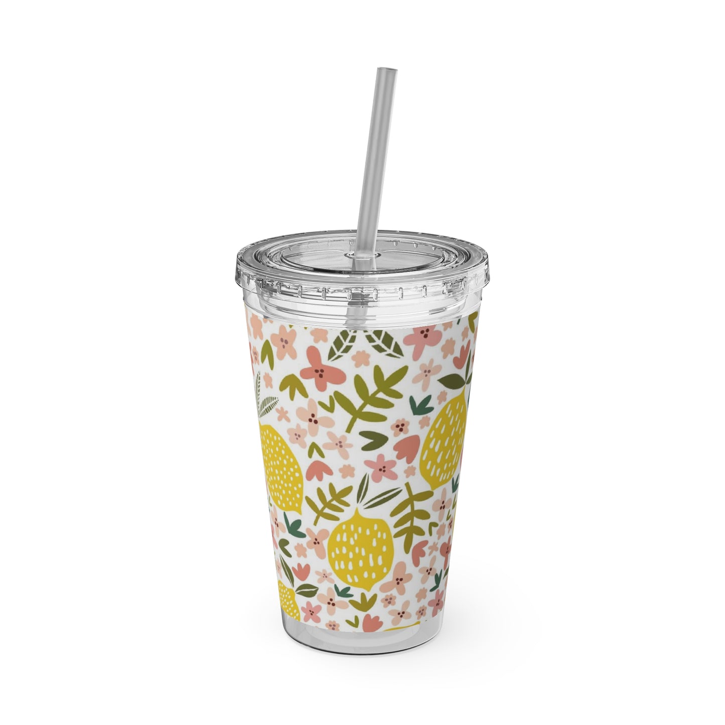 A Pink Lemons tumbler with a straw and floral pattern by Printify.