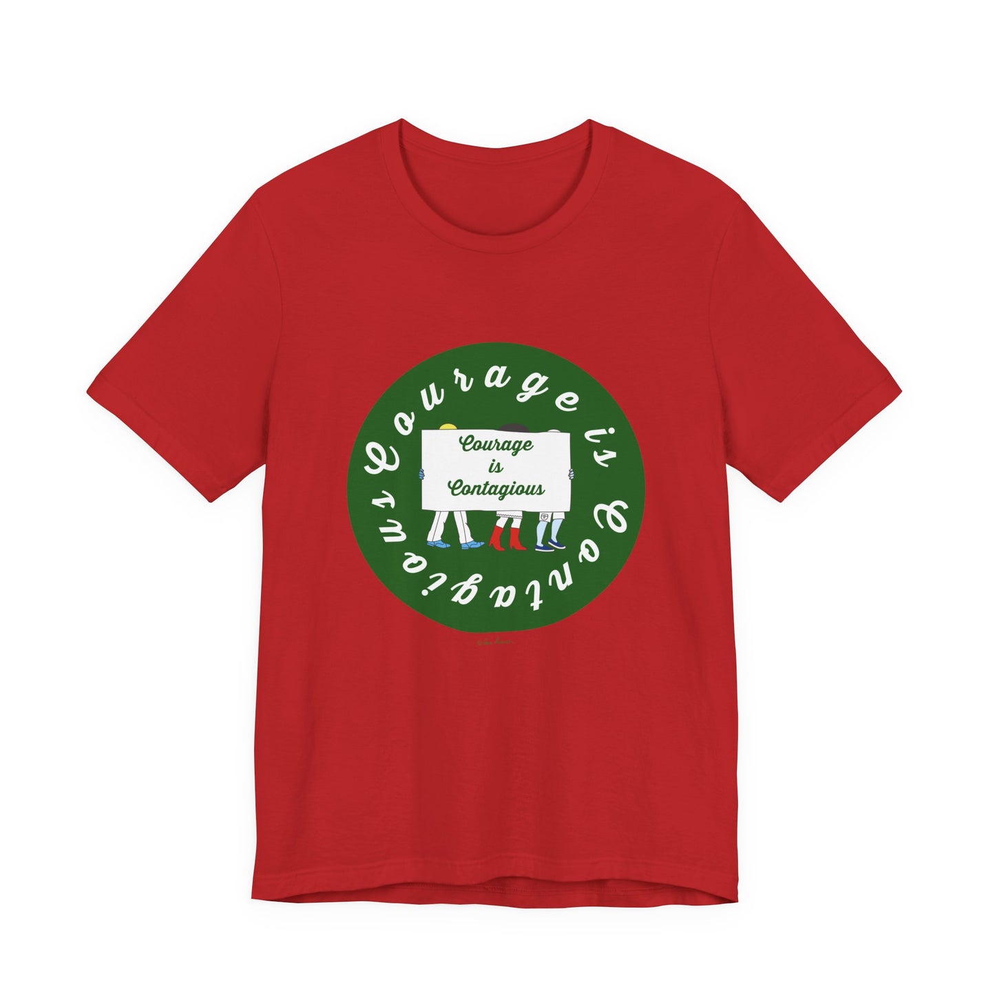The Courage Is Contagious T-shirt by Printify is a unisex lightweight cotton tee featuring an inspiring green circle logo and bold white script – perfect for spreading an uplifting activist message.