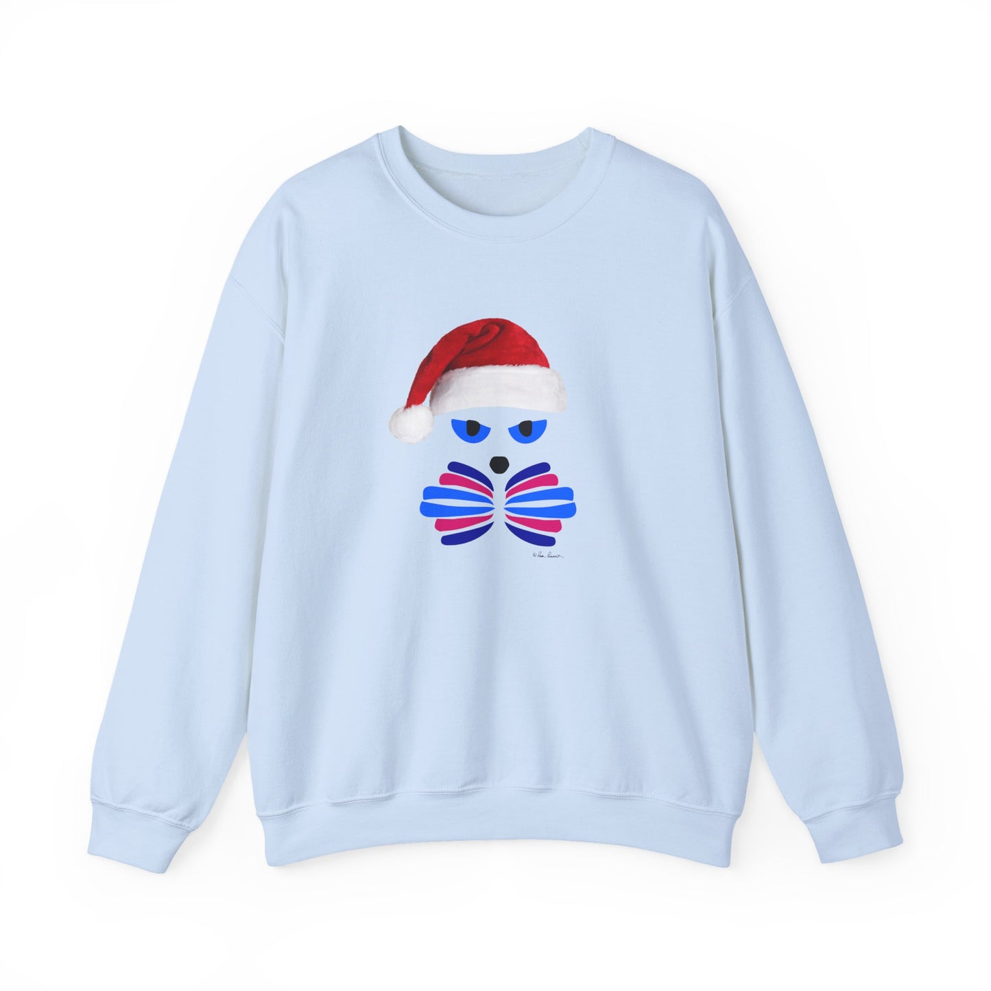 The Santa Cat Sweatshirt by Printify is a light blue unisex crewneck featuring a graphic of a cat’s face with blue eyes, a red-and-blue bow tie, and a red Santa hat, displayed on a plain white background.