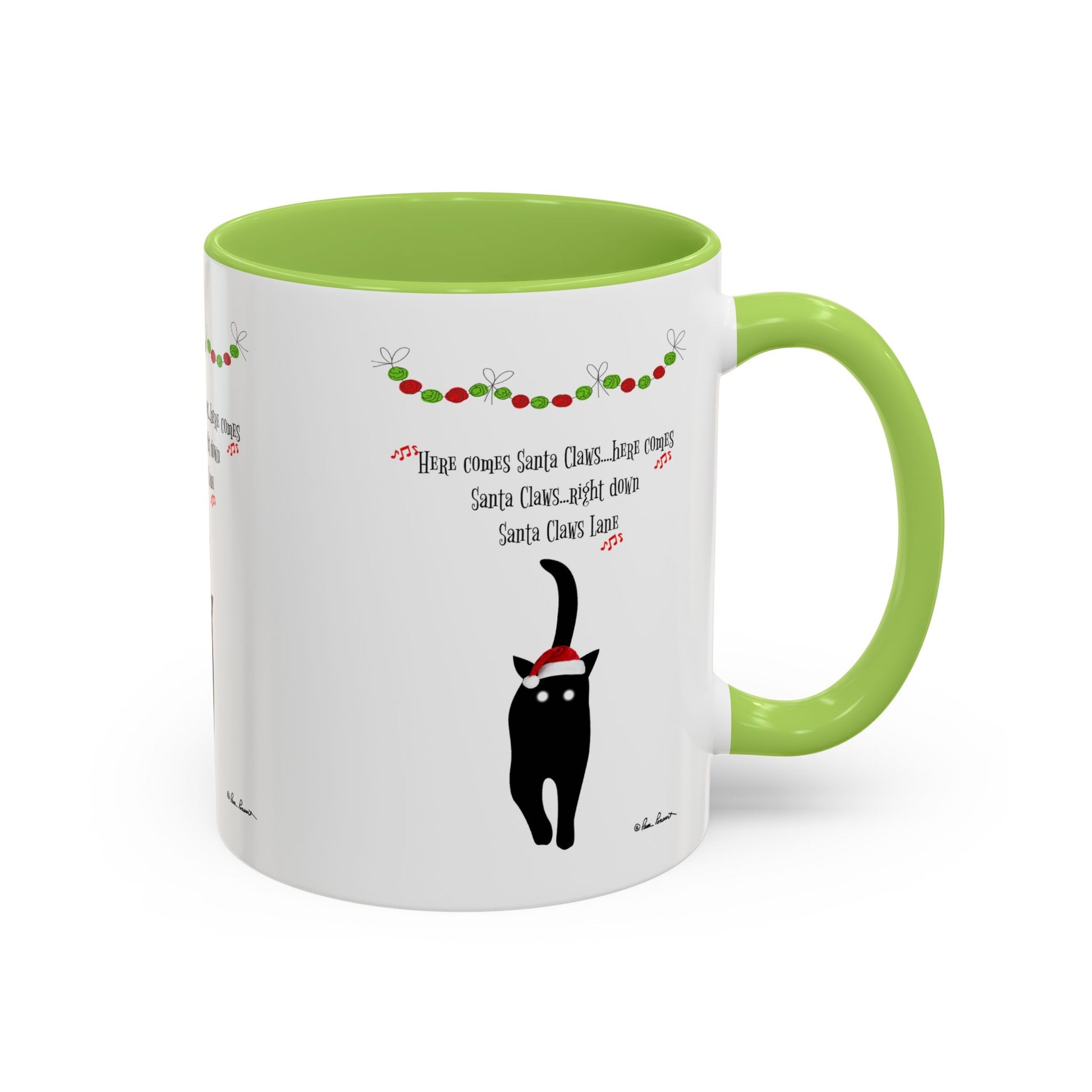The Printify Festive-Cat Accent Coffee Mug features a white body, green handle and interior, plus a black cat in a Santa hat with Christmas garland and festive fonts about Santa Claus—perfect holiday gift for any cat lover.