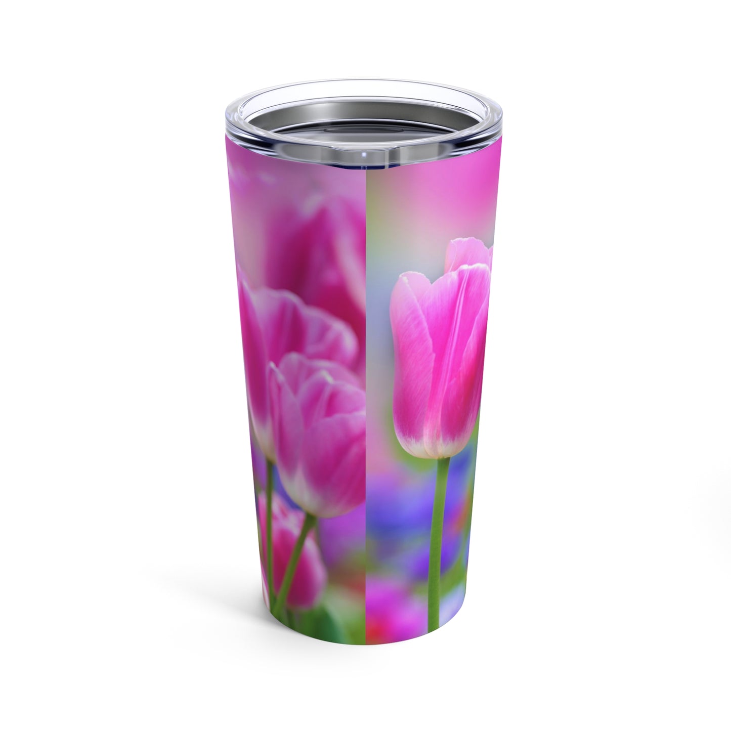 A Purple Tulips Tumbler with flowers on it, featuring stainless steel construction by Printify.