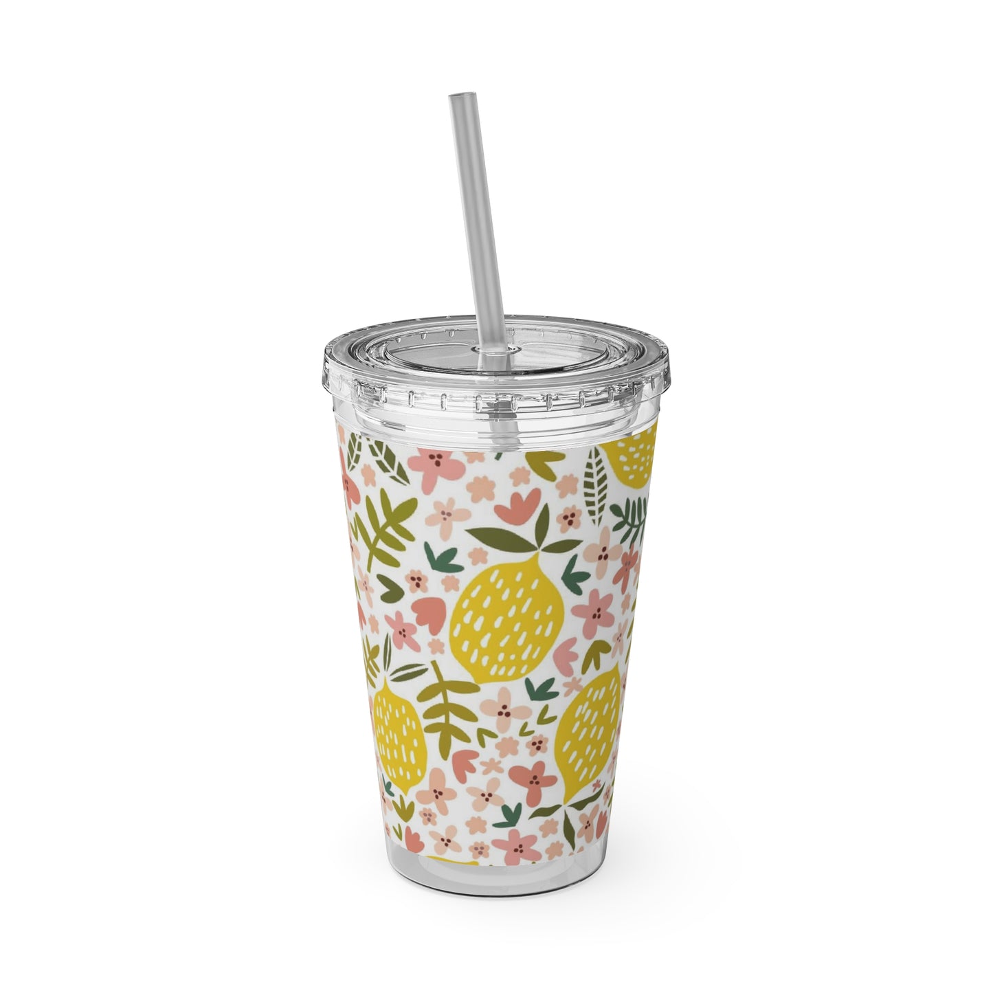 A Pink Lemons tumbler with a straw and a floral pattern.