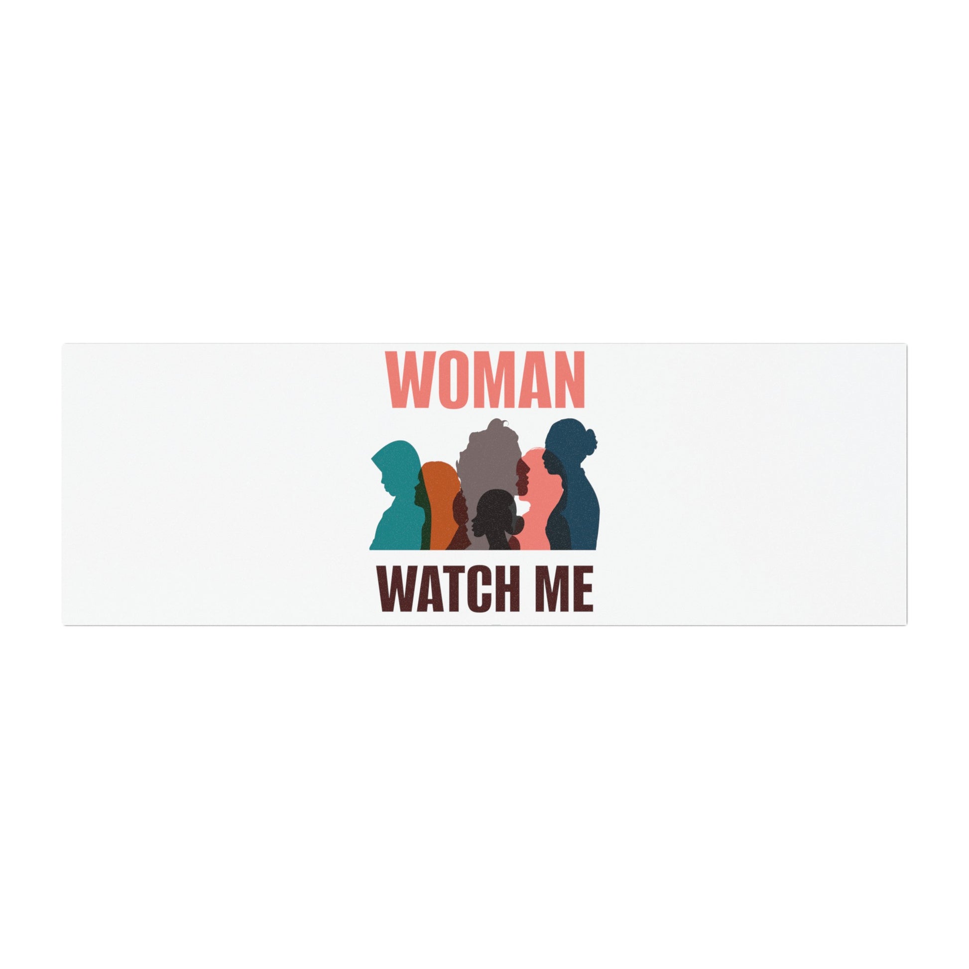 Silhouettes of diverse women in various colors, accompanied by the text "Woman Watch Me" above and below the figures, feature on a weatherproof vinyl car magnet. This product, perfect for voting advocacy, is called Voting Womens Car Magnets and is available in 3 sizes from Printify.