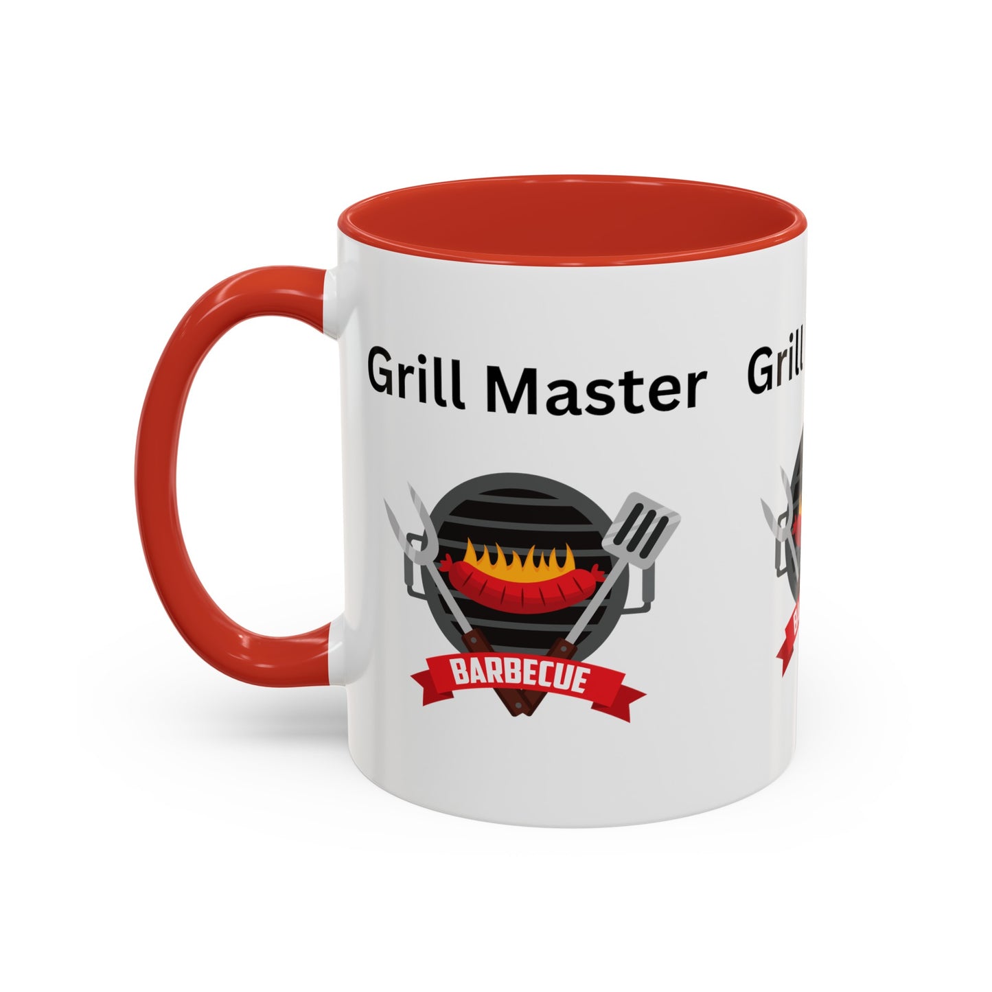 Introducing the Grill Master Mug: Unisex; 11 oz; Ceramic; Graphics; Accented, a custom mug featuring a classic grill and barbecue logo by Printify. Proudly American made, this mug is perfect for those who love to cook over an open flame.