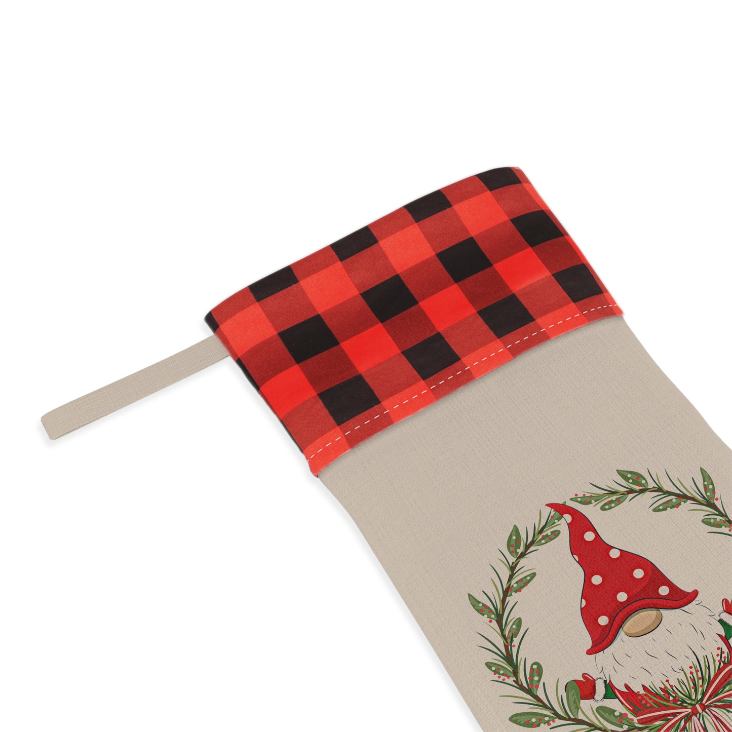 A personalized Holiday-Gnome Christmas Stocking with a red and black plaid design from Printify.