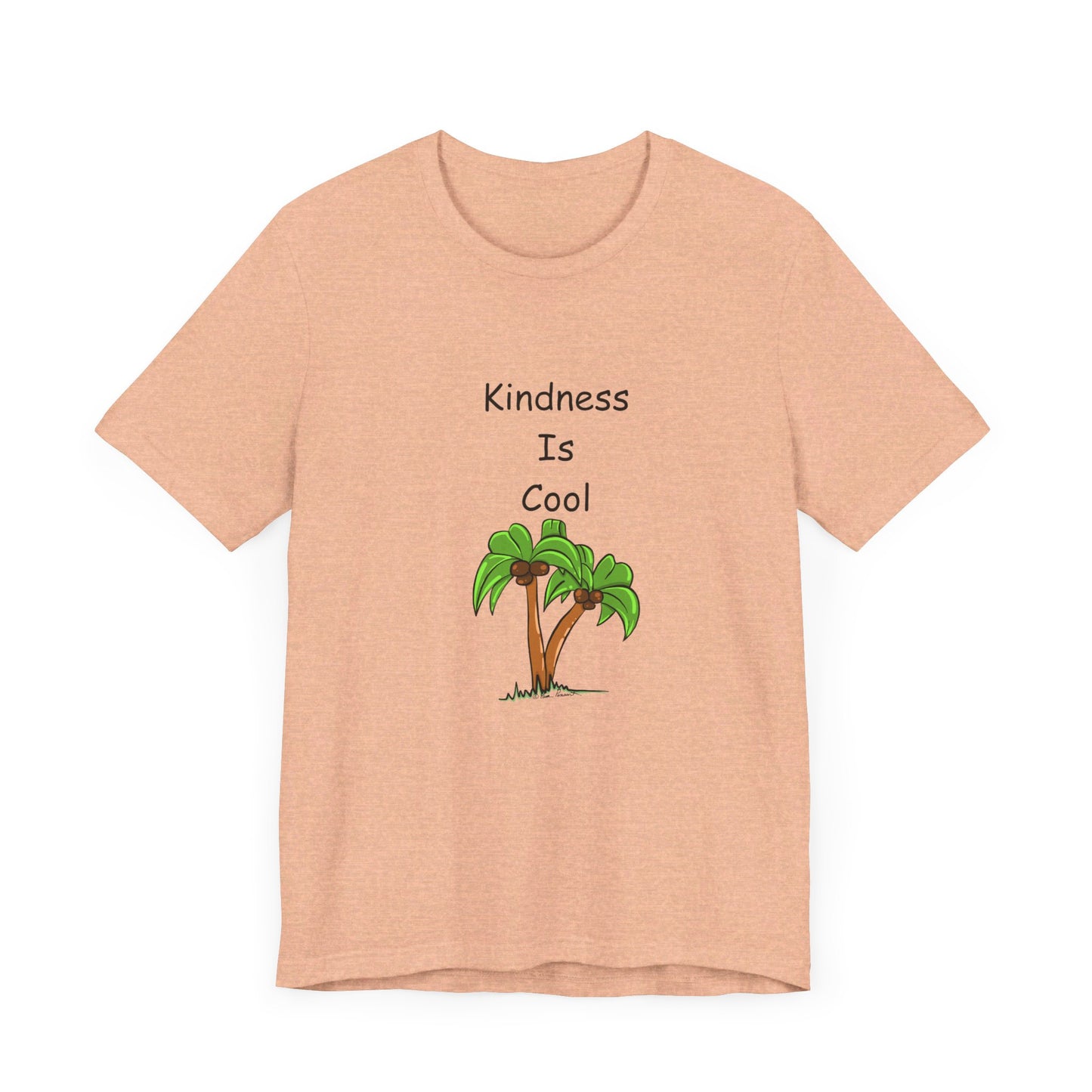 The Unisex Kindness-Is-Cool T-shirt by Printify, crafted from soft cotton jersey by Bella+Canvas, showcases the text "Kindness-Is-Cool" above a small palm tree cluster on a light brown background for ultimate comfort.