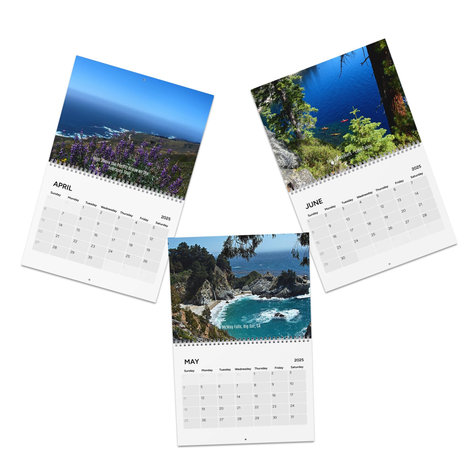 The 2025 Scenic Wall Calendar by Printify features April, May, and June pages with stunning ocean and coastal photography.