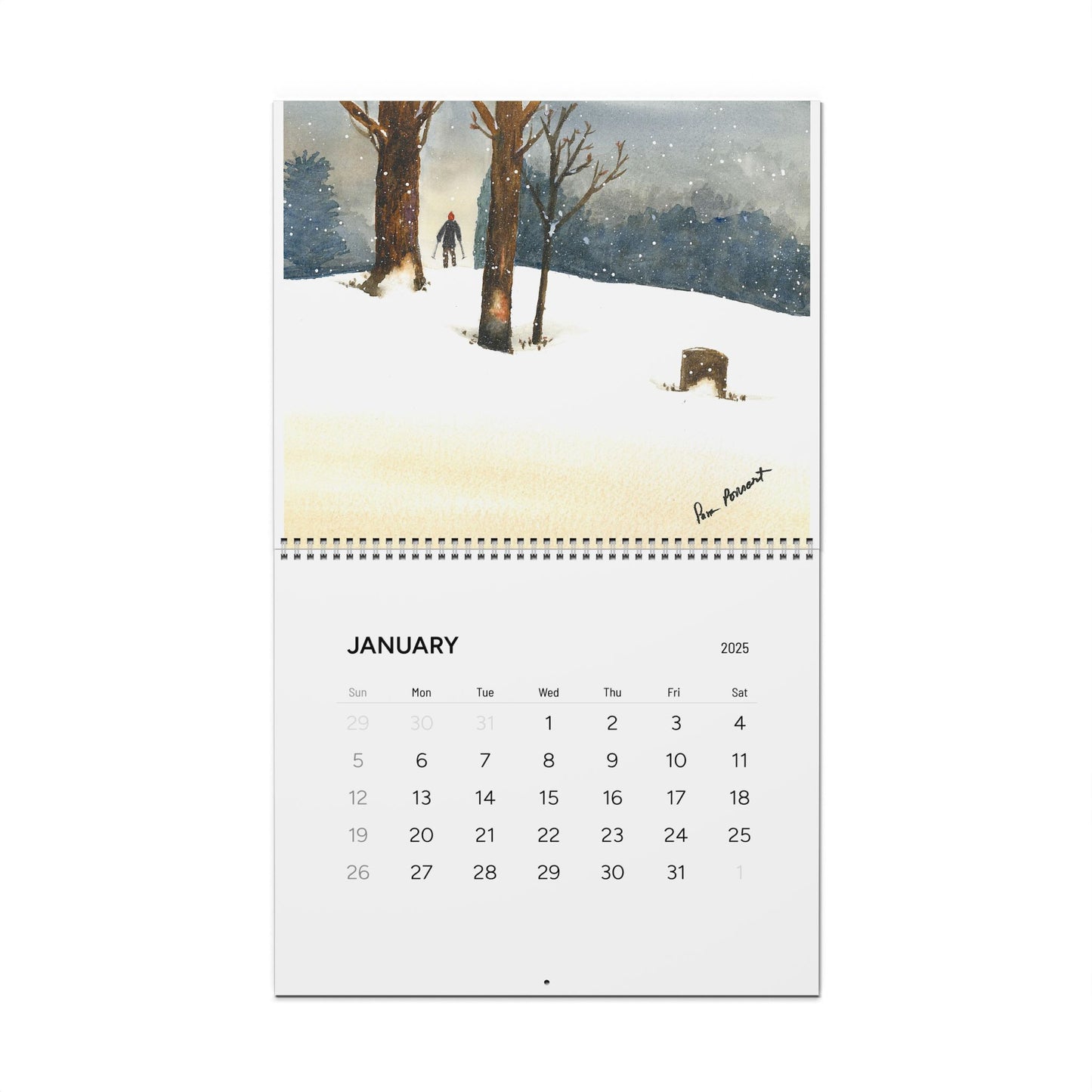 A 2025 Printify nature-themed wall calendar open to January displays a watercolor reproduction of a person walking through snow-covered trees, evoking the style of a Pam Ponsart painting. Available in two sizes.