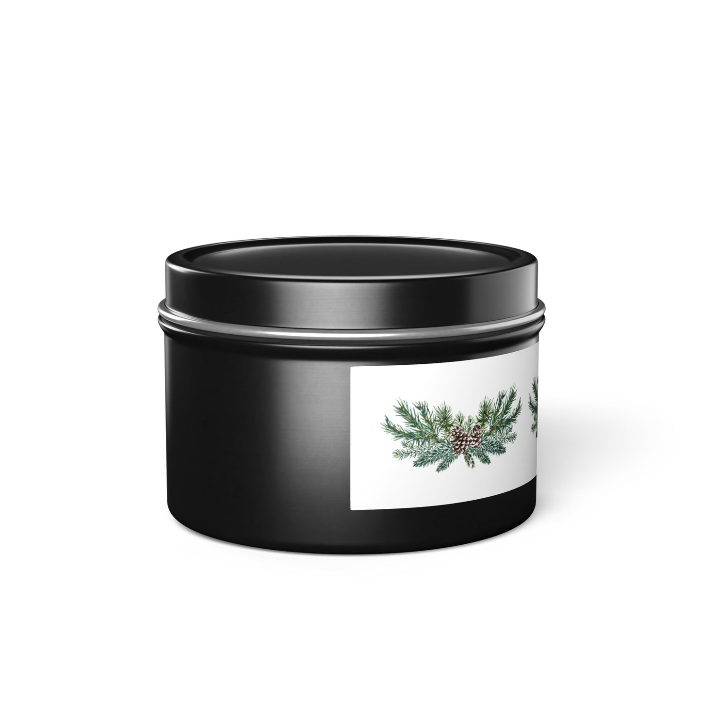 A black cylindrical container with a lid, showcasing an eco-friendly label decorated with pine branches and a pinecone, embodies the essence of Printify's Holiday-Inspired Pinecone Tin-Candles in an Evergreen scent.