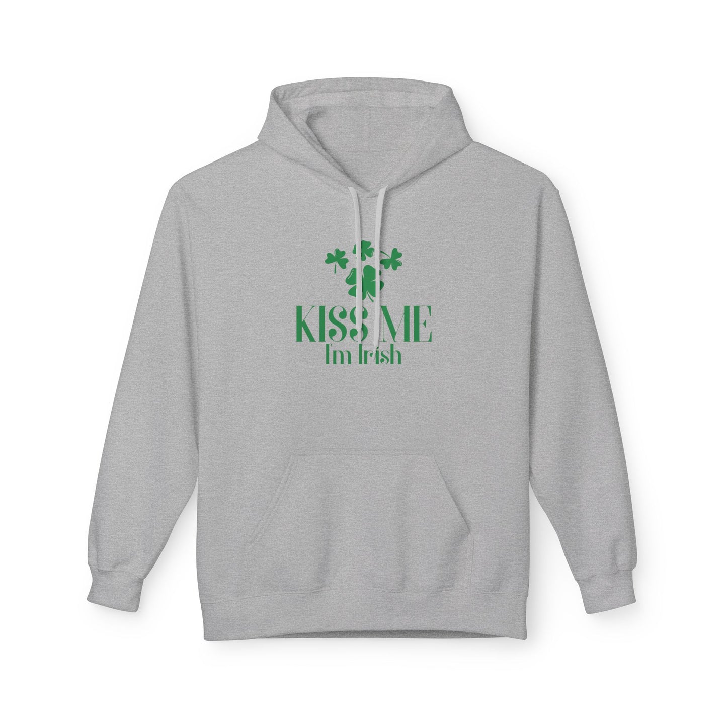 Show off your Irish pride with the Printify Kiss-Me I'm Irish Hoodie: St. Patricks Day Shamrock Pullover, featuring green “Kiss Me I’m Irish” text and three shamrocks on a light gray hoodie—perfect for St. Patrick’s Day!.