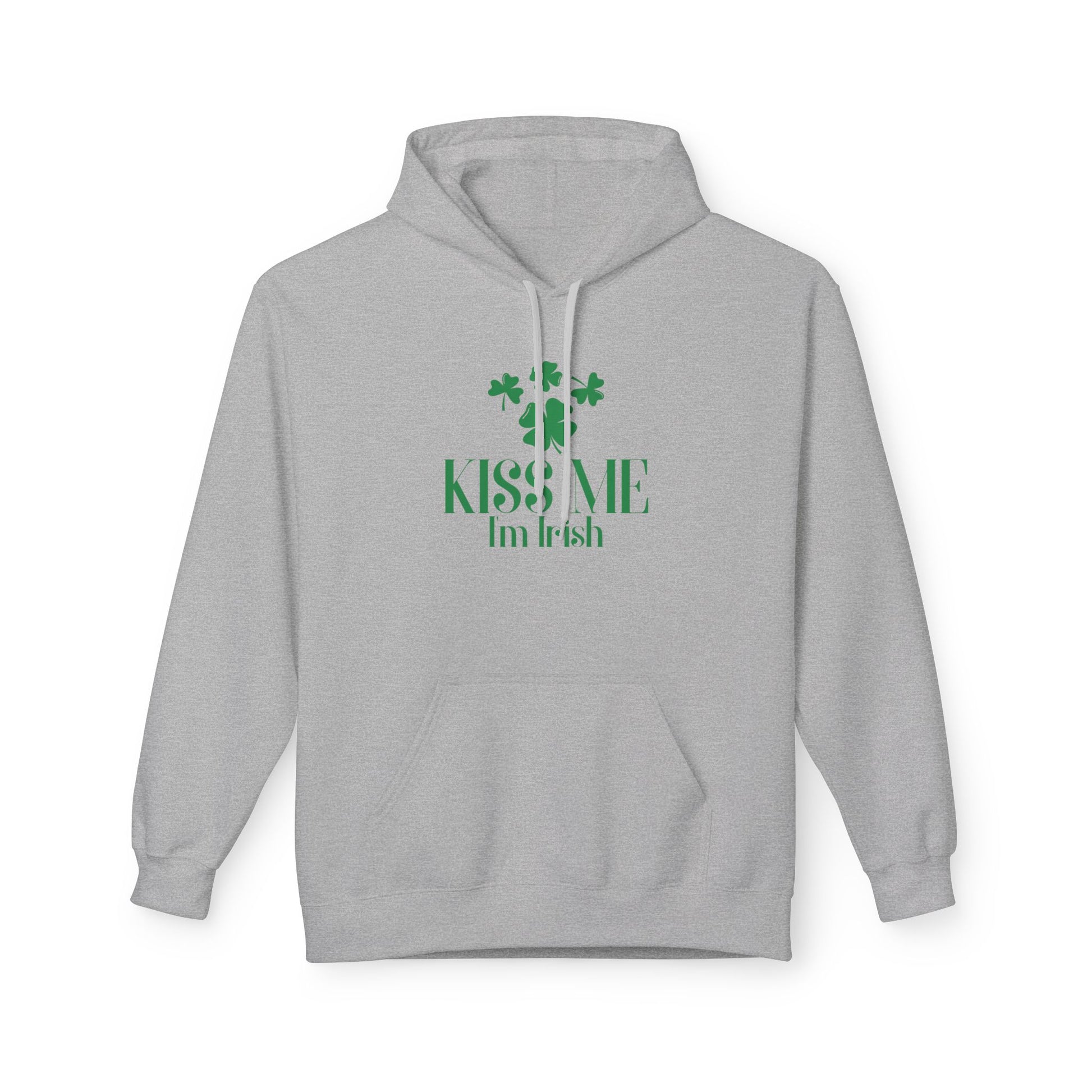 Show off your Irish pride with the Printify Kiss-Me I'm Irish Hoodie: St. Patricks Day Shamrock Pullover, featuring green “Kiss Me I’m Irish” text and three shamrocks on a light gray hoodie—perfect for St. Patrick’s Day!.