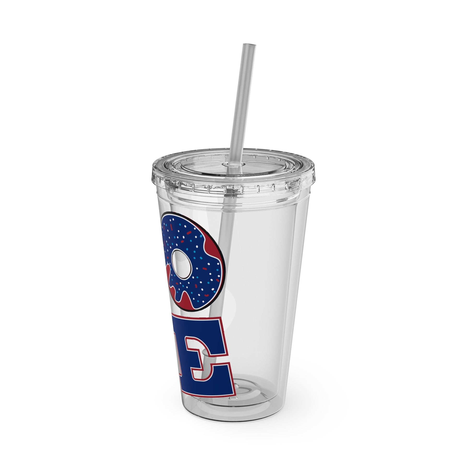 A Love USA Tumbler with a straw and a donut on it.