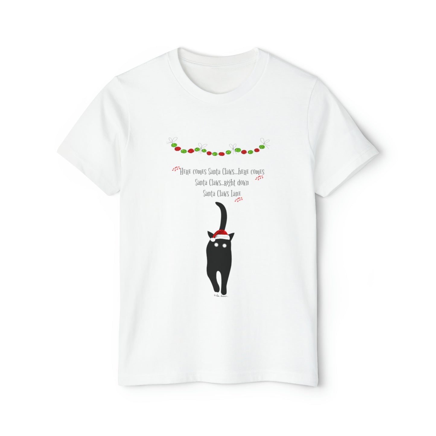 A white Unisex-Youth Matching-Family Pajamas: 2 piece set with a black cat and Christmas lights, made of 100% cotton by Printify.