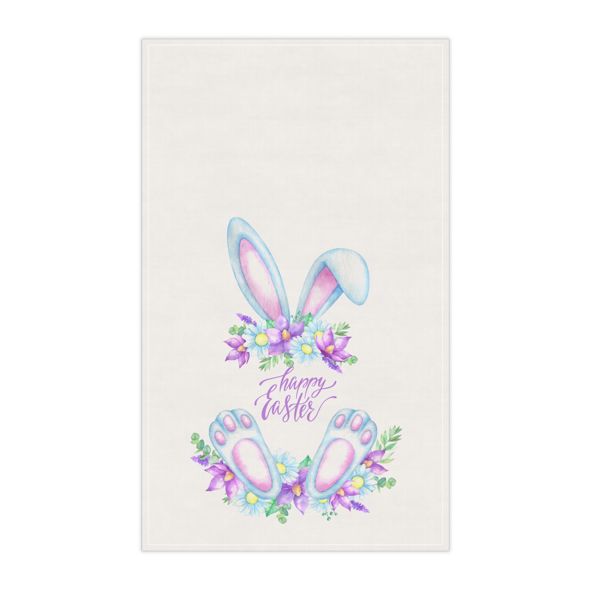 An Easter bunny with flowers on a Printify Easter Greeting Towel: 18" x 30"; Cotton; Graphics; Text.