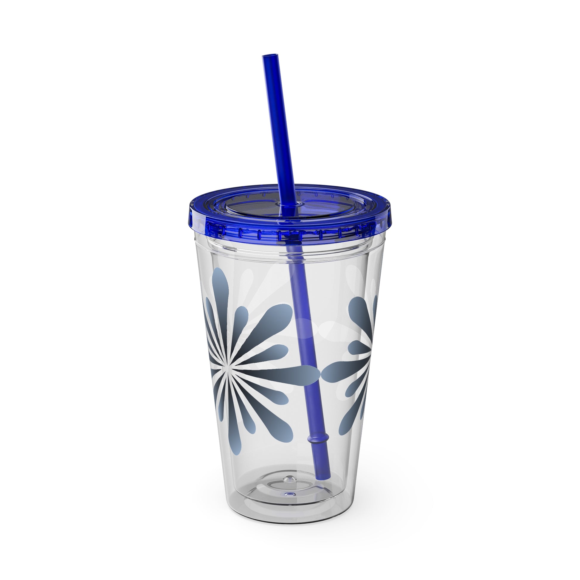 A crack-resistant, clear acrylic Blue Star-burst Tumbler with a blue lid and a straw by Printify.