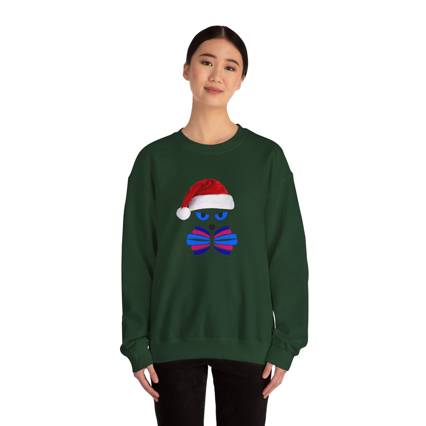A person models the Printify Santa Cat Sweatshirt—unisex, graphic, festive crewneck with a blue cat face, striped bow tie, and red Santa hat—against a plain white background.