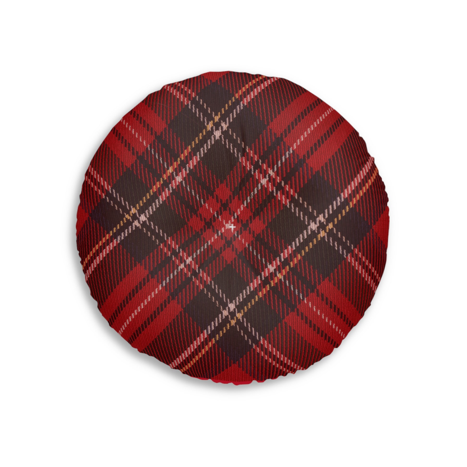 A comfortable Plaid Tufted Floor-Pillow from Printify with a red and black plaid pattern.