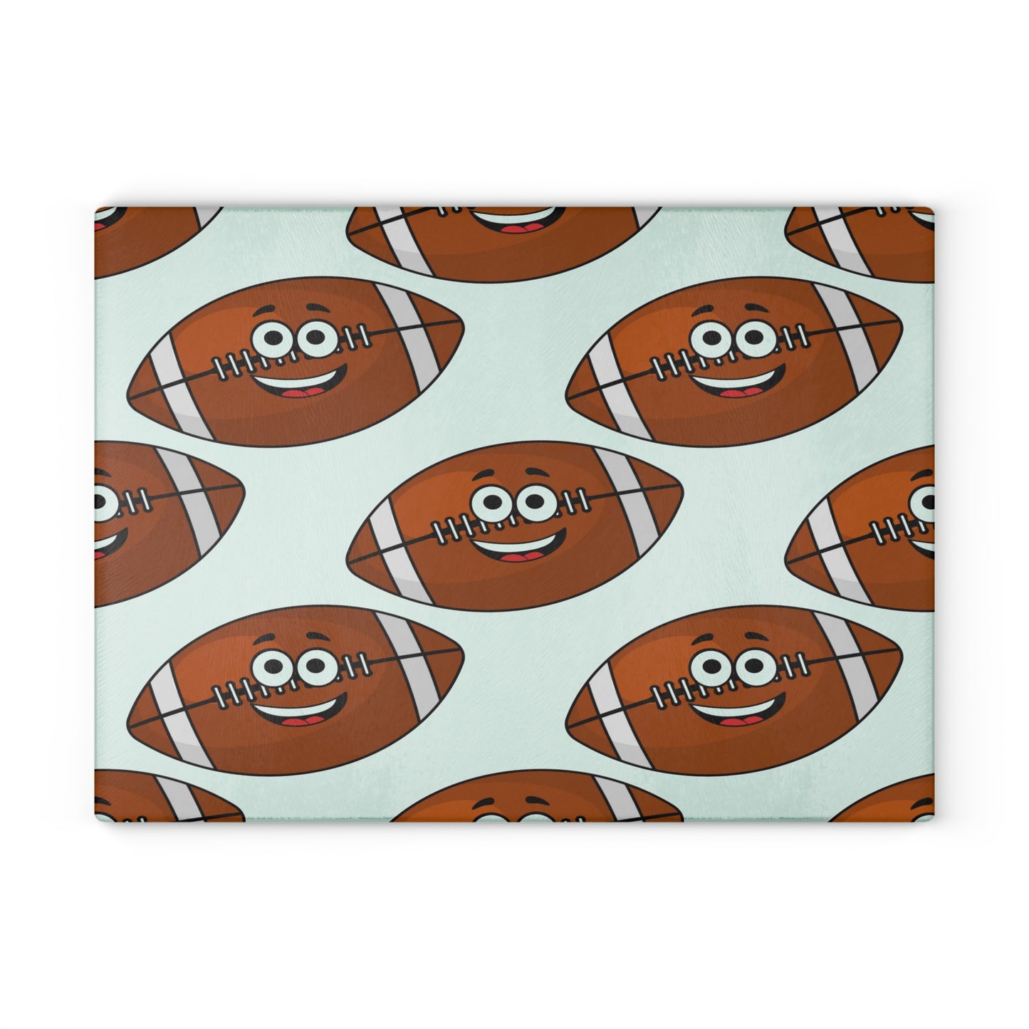 Add playful charm to your kitchen with the Playful Football-Faces Cutting Board by Printify, featuring cartoon footballs on a light background. Available in glass and two sizes, it's a unique touch for any football fan!.