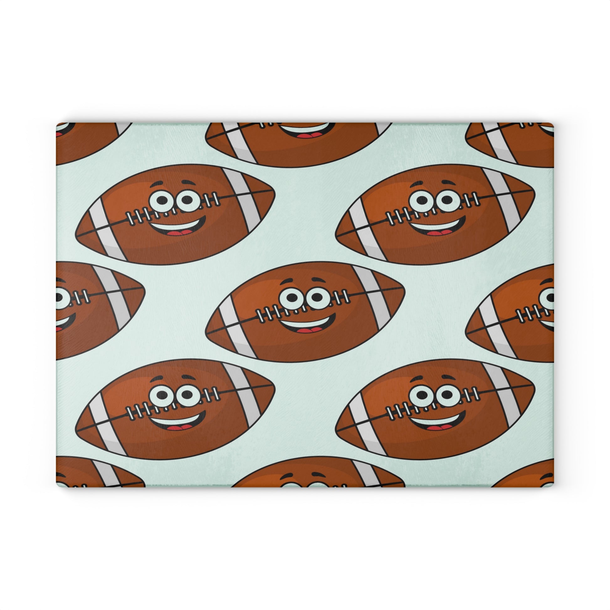 Add playful charm to your kitchen with the Playful Football-Faces Cutting Board by Printify, featuring cartoon footballs on a light background. Available in glass and two sizes, it's a unique touch for any football fan!.