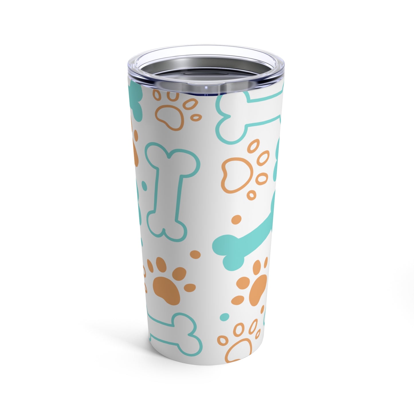 A Printify Dog Lover Tumbler: 20 oz. stainless steel; insulated, featuring dog paws and bones design.