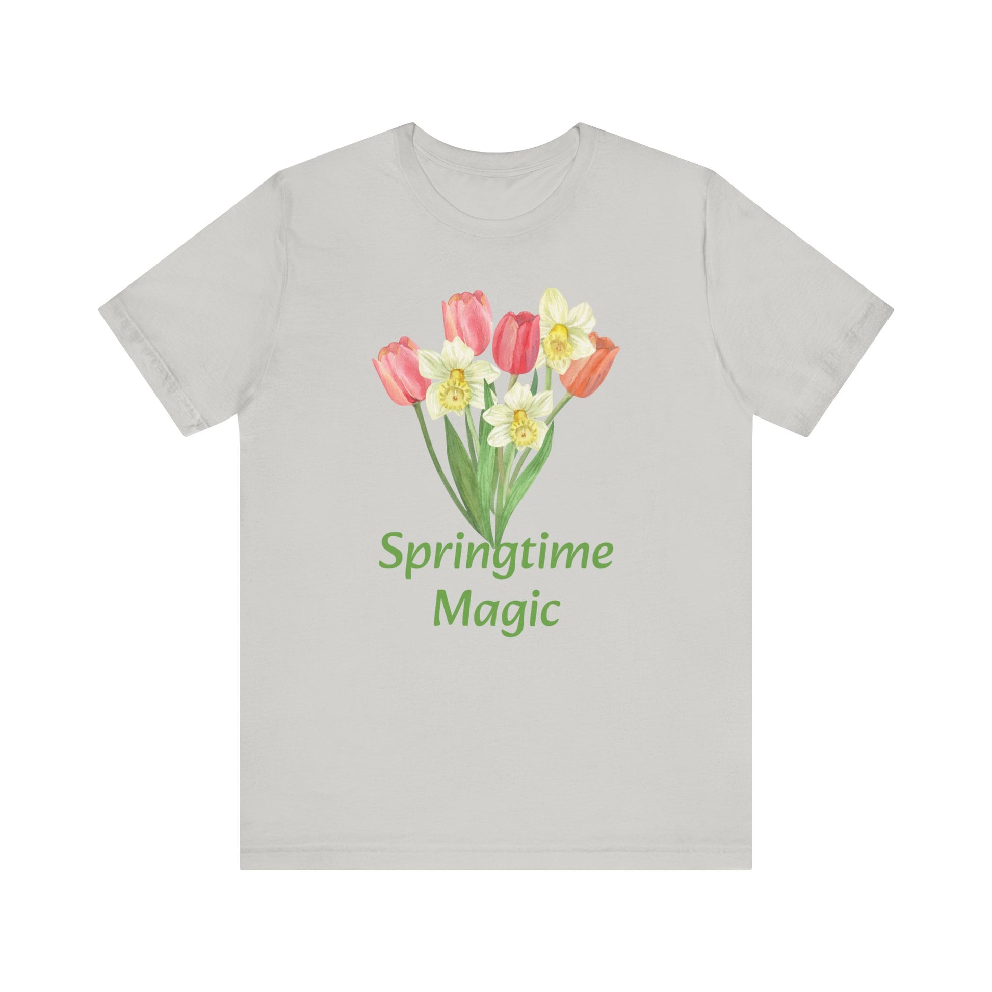 A Unisex Springtime-Magic T-shirt with floral graphic artistry and the phrase "springtime magic" written below made of cotton from Bella + Canvas, available on Printify.