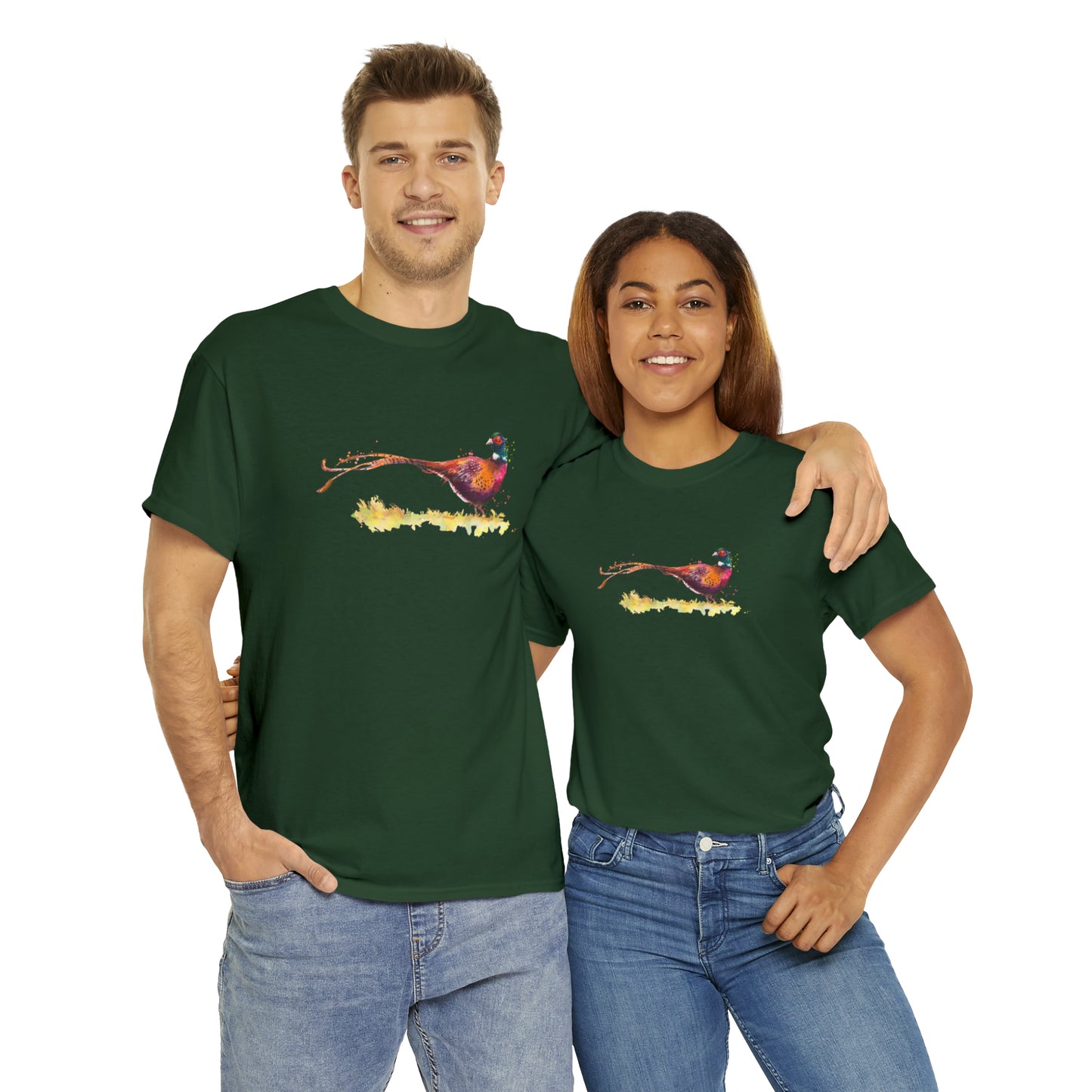 A man and a woman wearing the Forest Green shirt