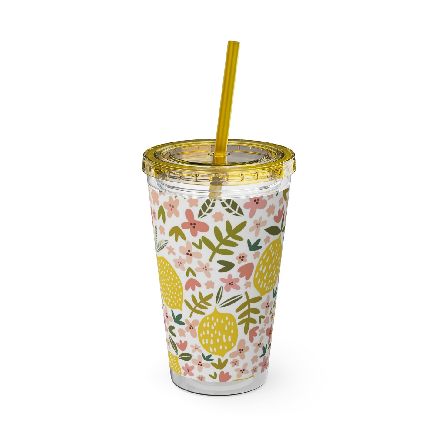 A Printify 16 oz. BPA-free Pink Lemons Tumbler with a yellow straw and floral pattern.