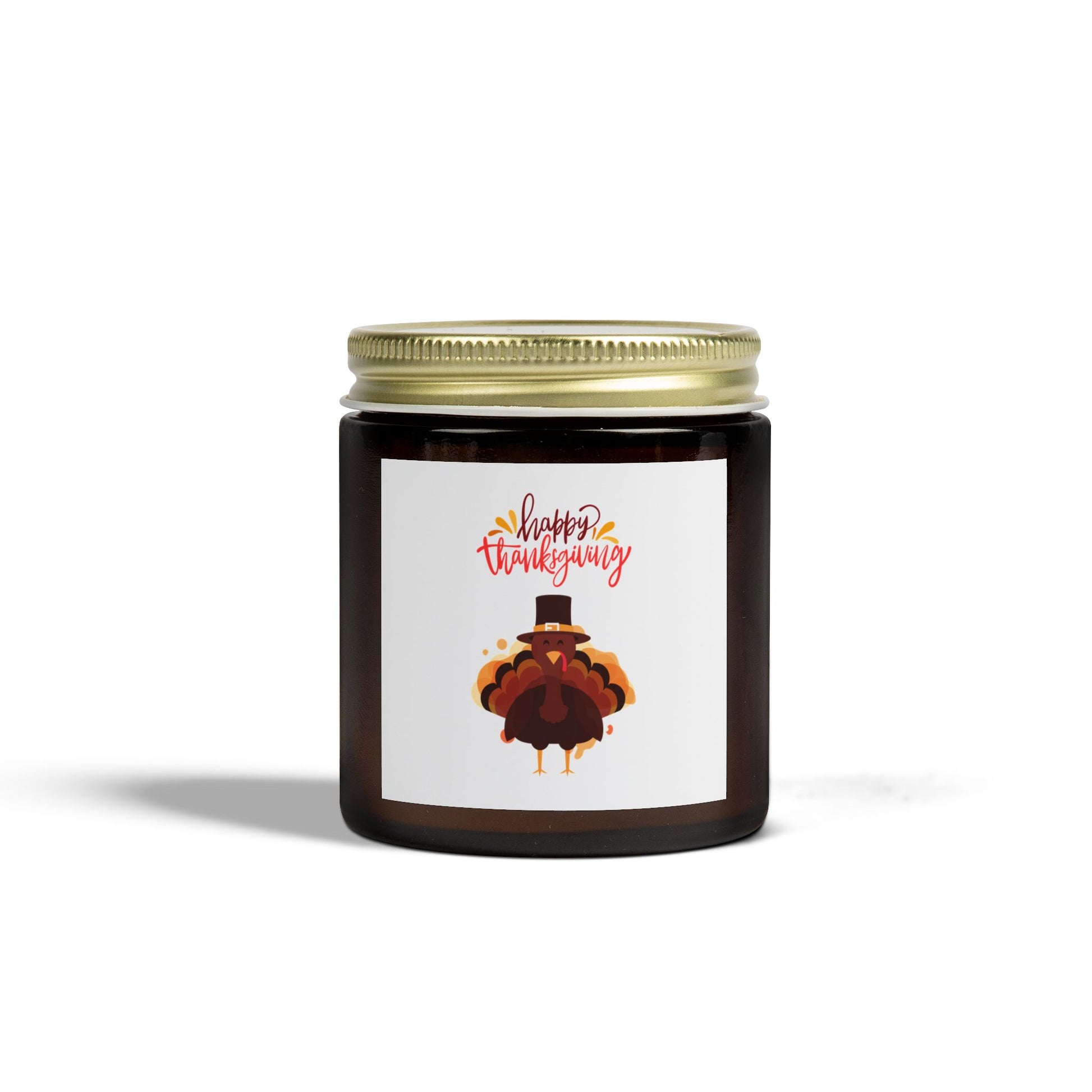 The Printify Thanksgiving Scented Candle (4 oz., 20 hours) comes in a brown glass jar with a gold lid and features a cartoon turkey label. Made with eco-friendly Coconut Apricot Wax—perfect for your Thanksgiving celebration.